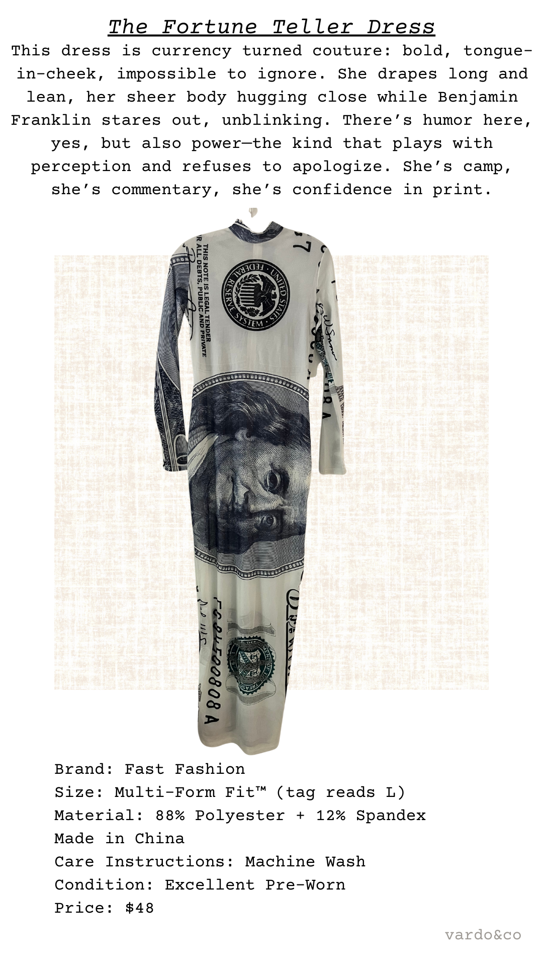 Dress with dollar bill print on a white background