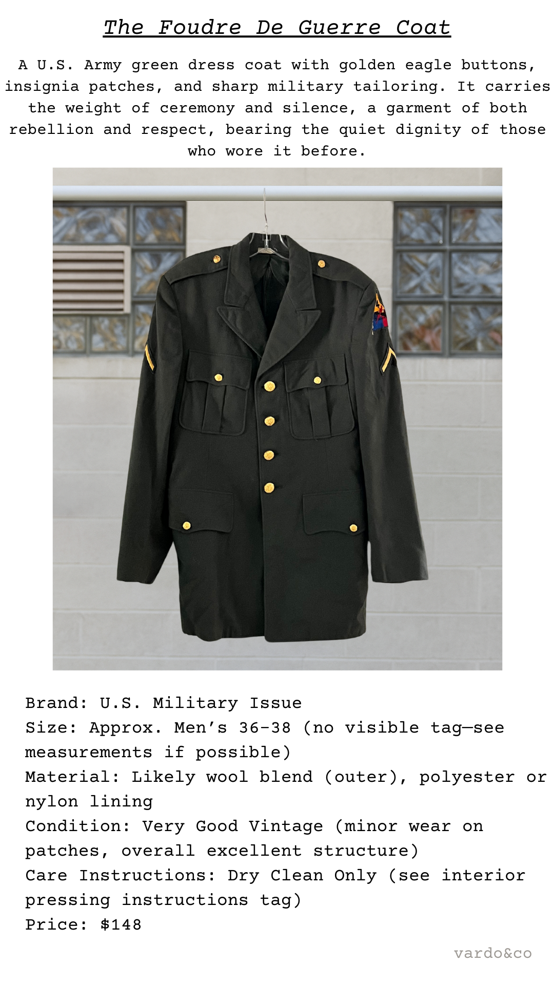 U.S. Army green dress coat with gold buttons on a gray background