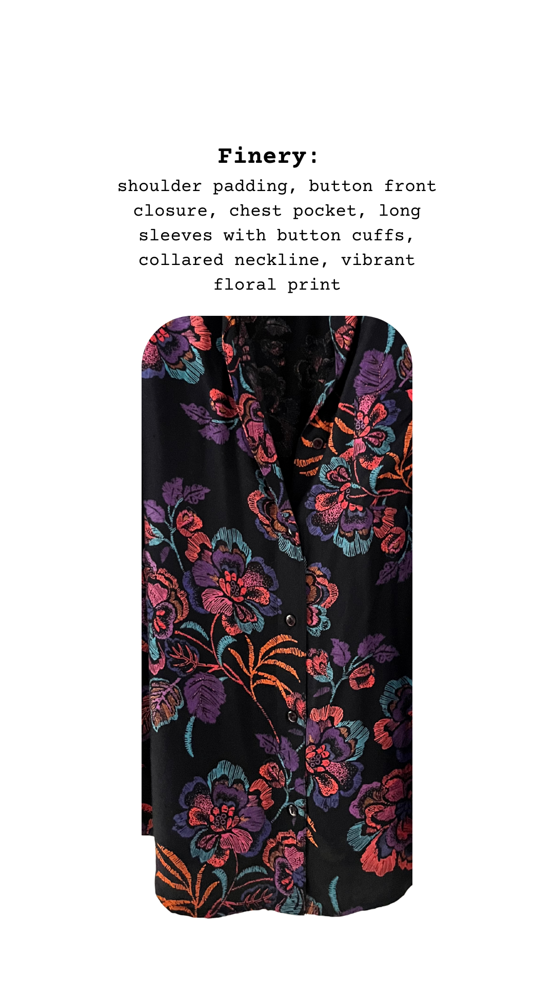 Floral patterned garment on a white background with text describing features.