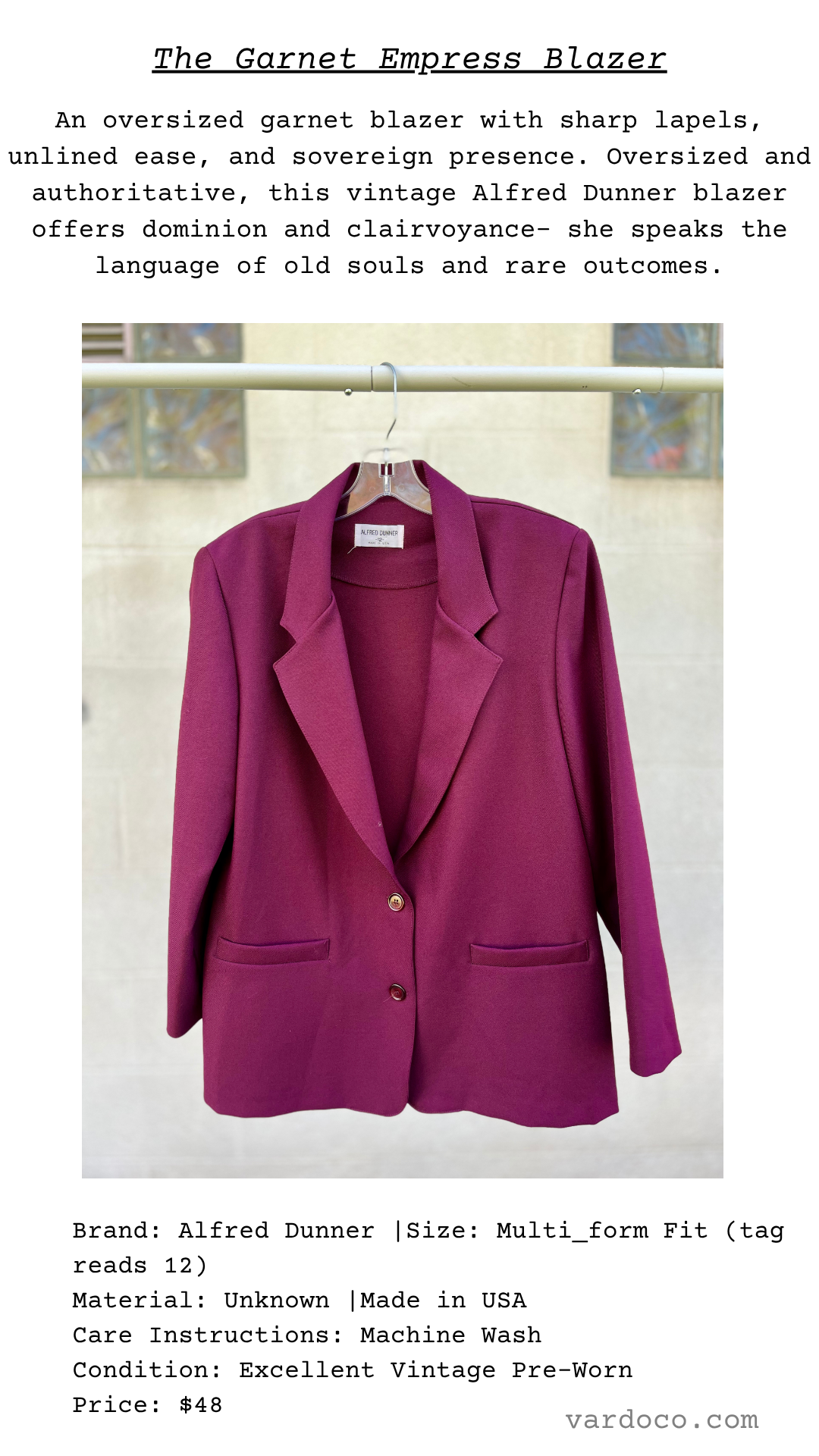 Product card for The Garnet Empress Blazer, featuring a deep garnet jacket and poetic description invoking sovereignty, intuition, and timeless presence.
