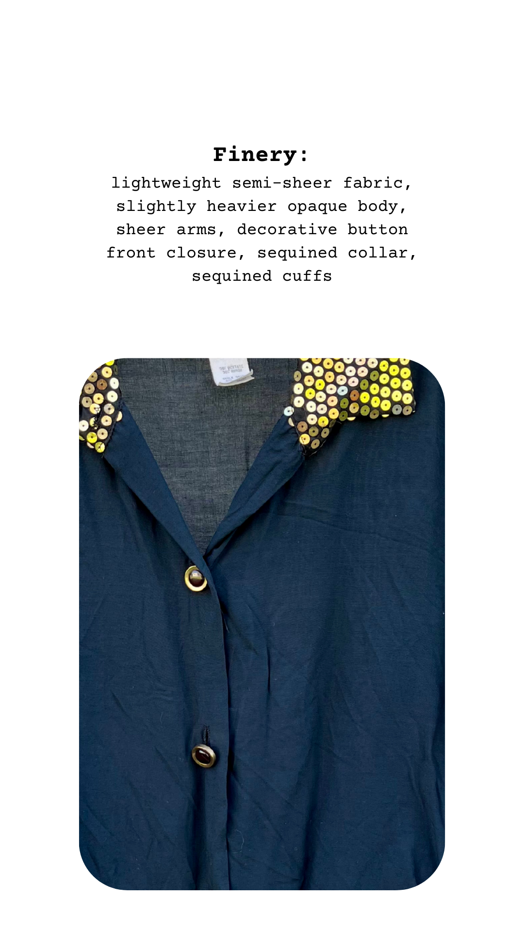 Close-up of The Golden Smoke Blouse’s sequined gold collar and black sheer fabric with button front.
