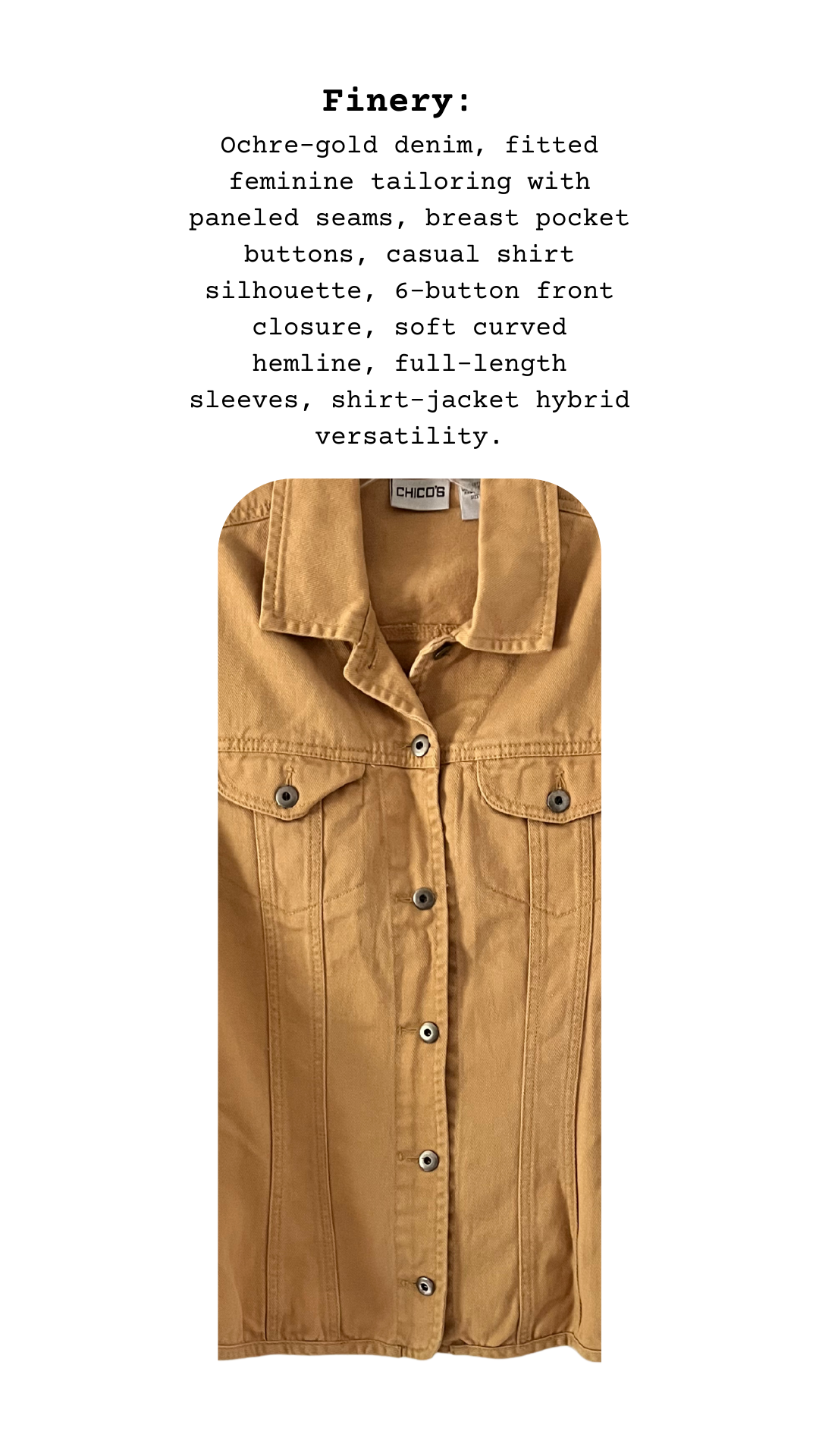 Close-up of golden ochre denim fabric and stitching details on The Golden Stitch Jacket.
