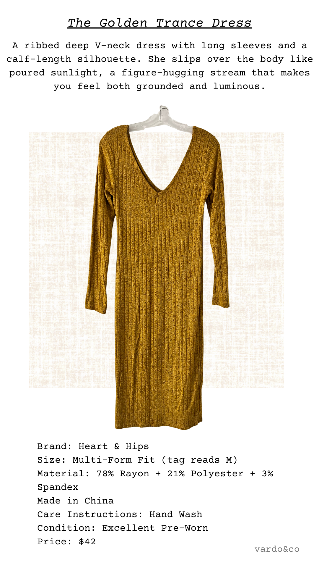 Catalog card image of a golden ribbed deep V dress, long sleeves and fitted silhouette
