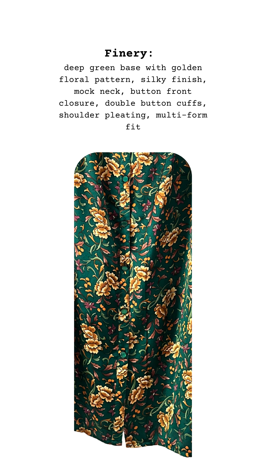 Close-up of Goldenhour silky shirt fabric showing emerald and gold floral pattern with smooth silky texture.