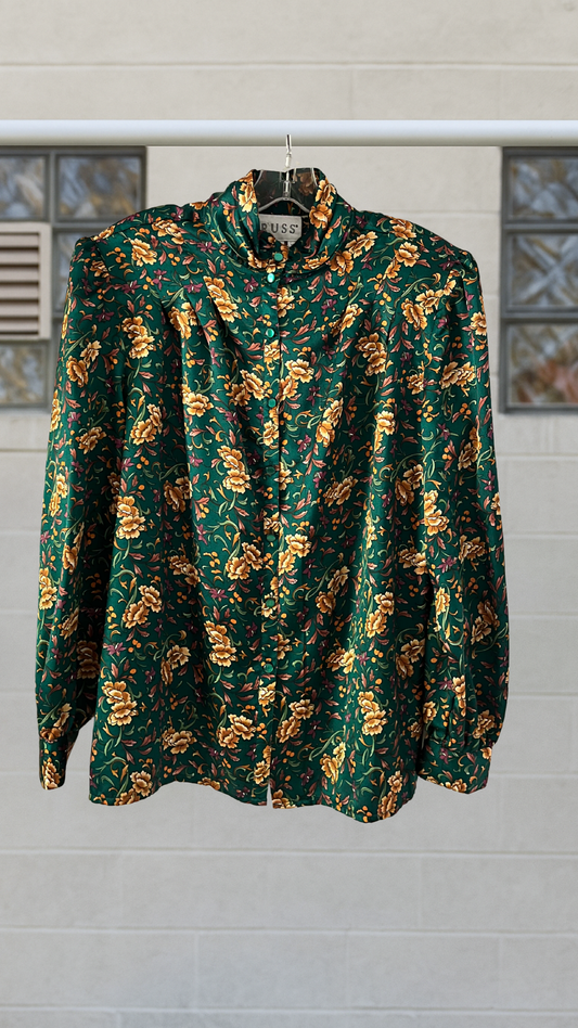 Goldenhour silky shirt in emerald and gold floral print, short sleeves, button front, lightweight drape.