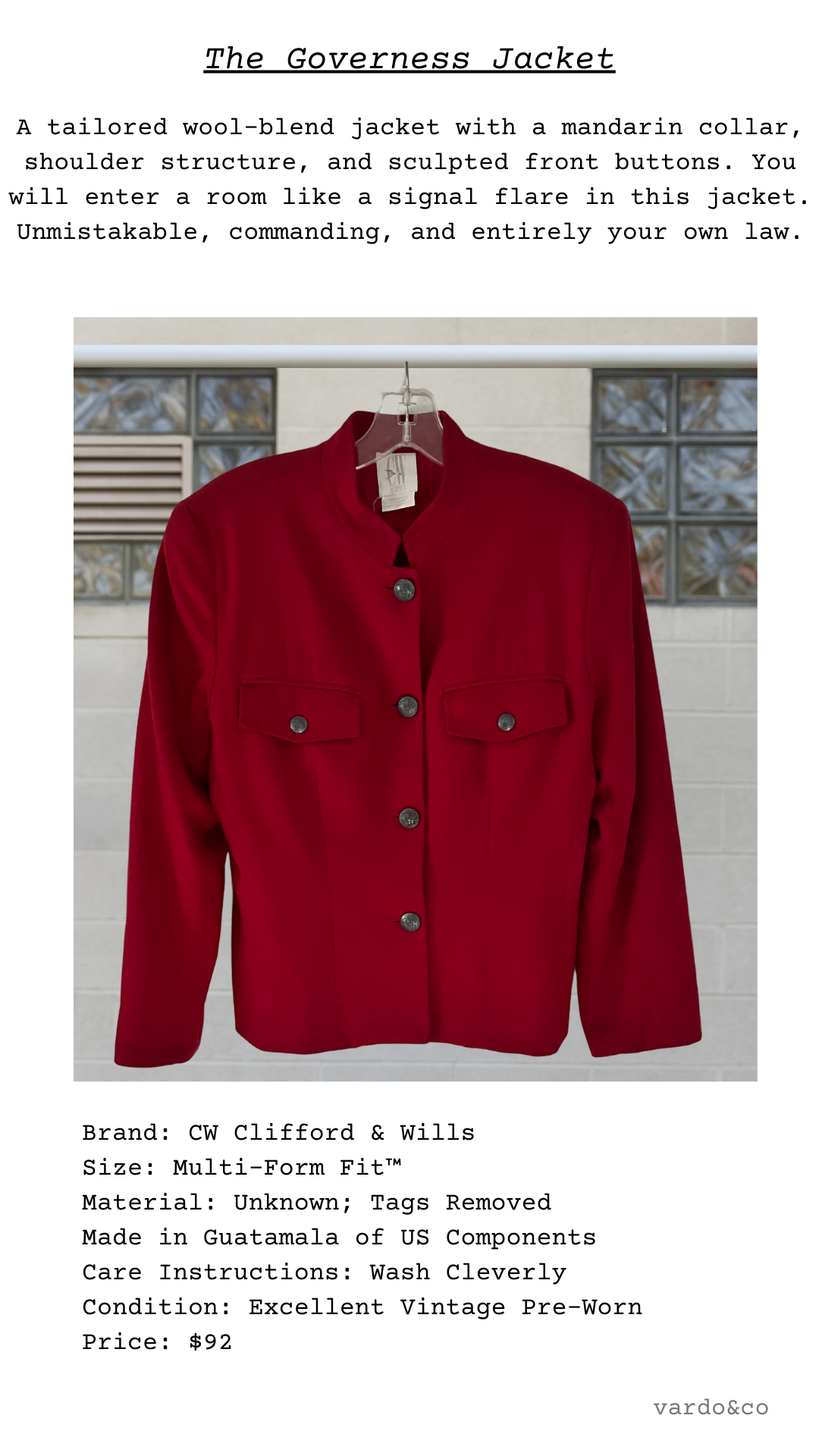 Catalog card of The Governess Jacket, tailored red jacket with shoulder padding and chest pockets
