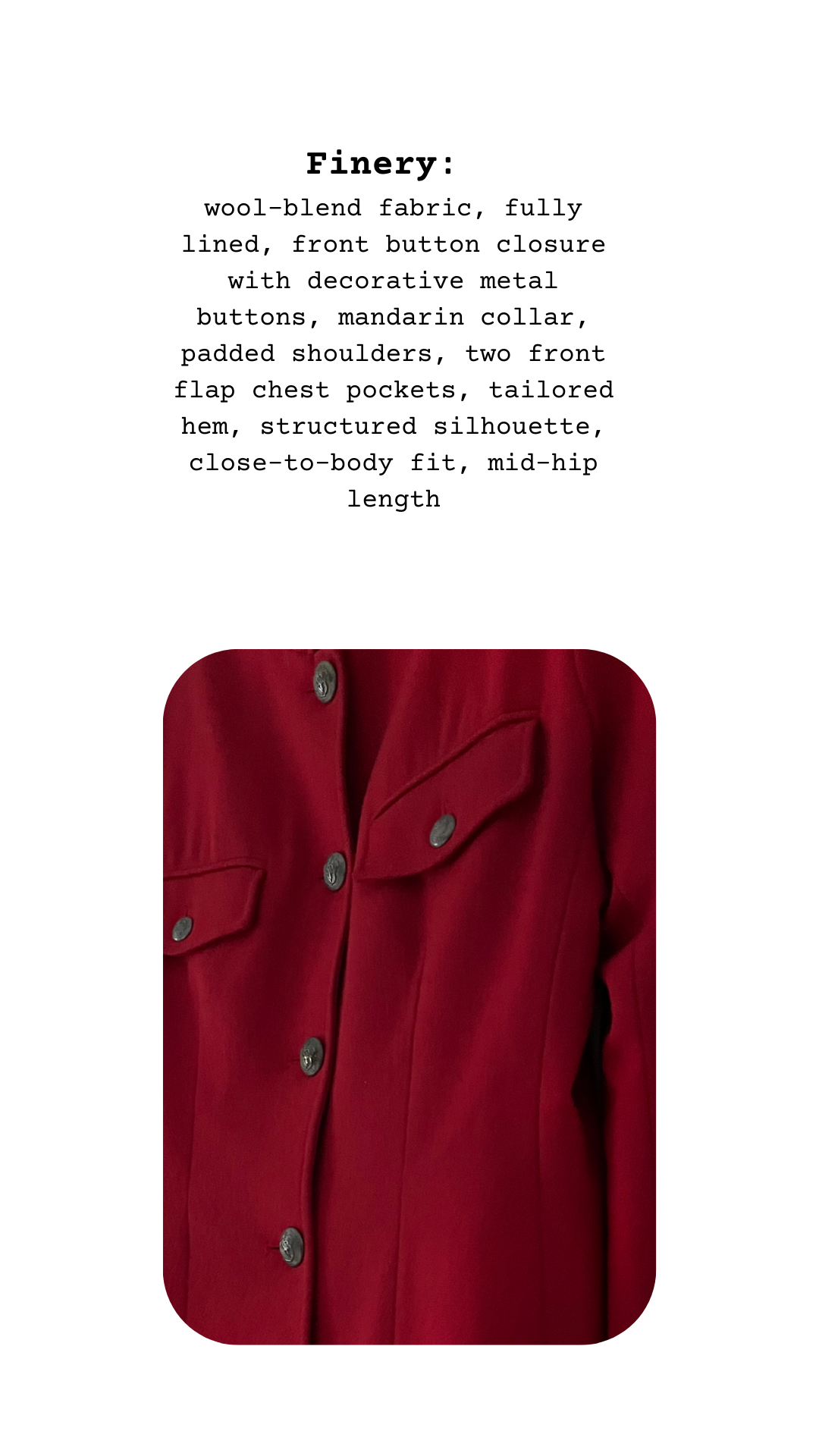Finery card close-up of The Governess Jacket, red wool-blend fabric with decorative metal buttons
