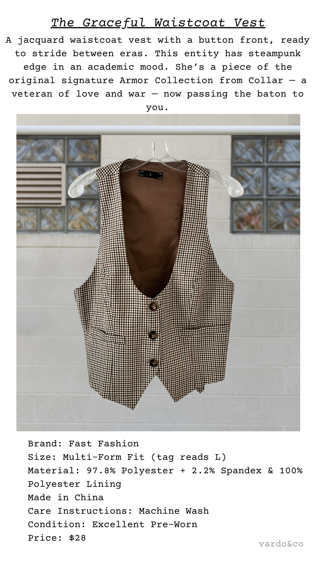 Houndstooth waistcoat vest on a hanger with text description and brand information.