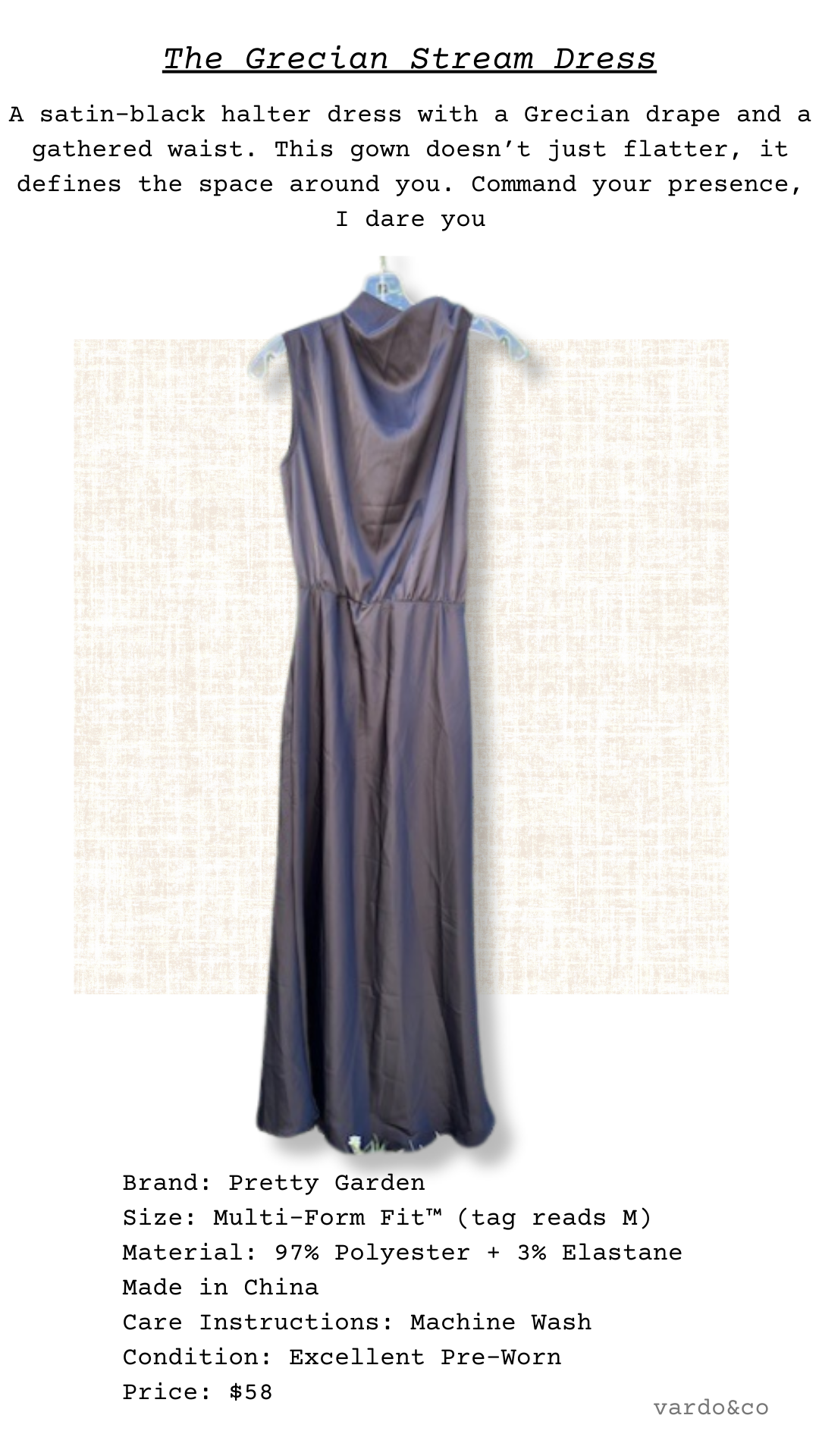 The Grecian Stream Dress displayed with satin sheen and slip-like silhouette.