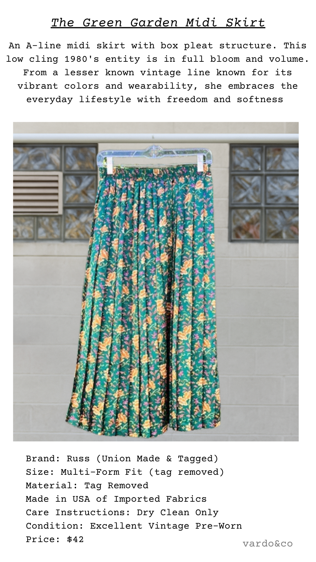 Green garden midi skirt with floral pattern on a hanger against a gray background with catalog descriptions and pricing