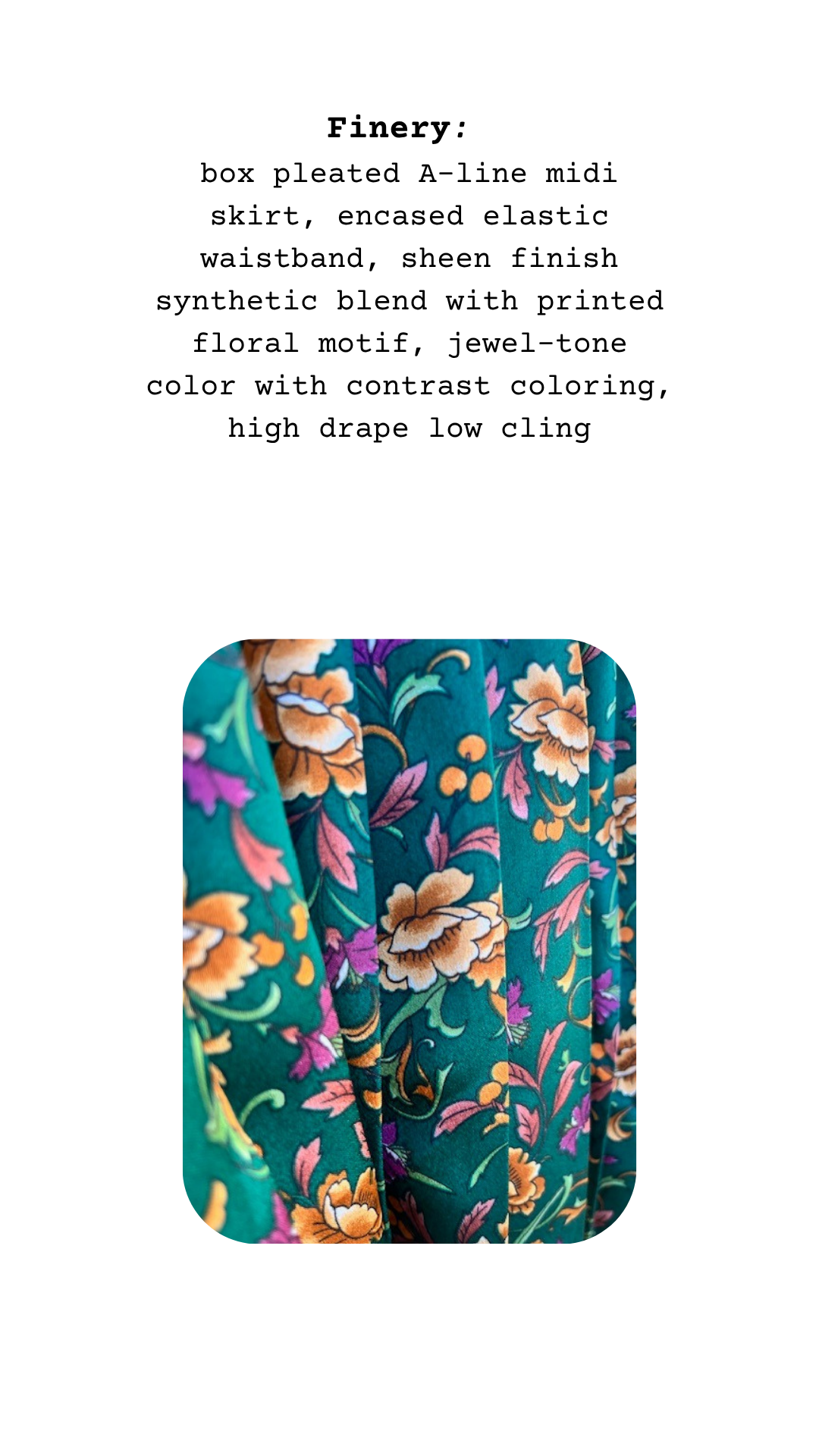 Floral patterned box pleated A-line midi skirt on a white background with finery listed