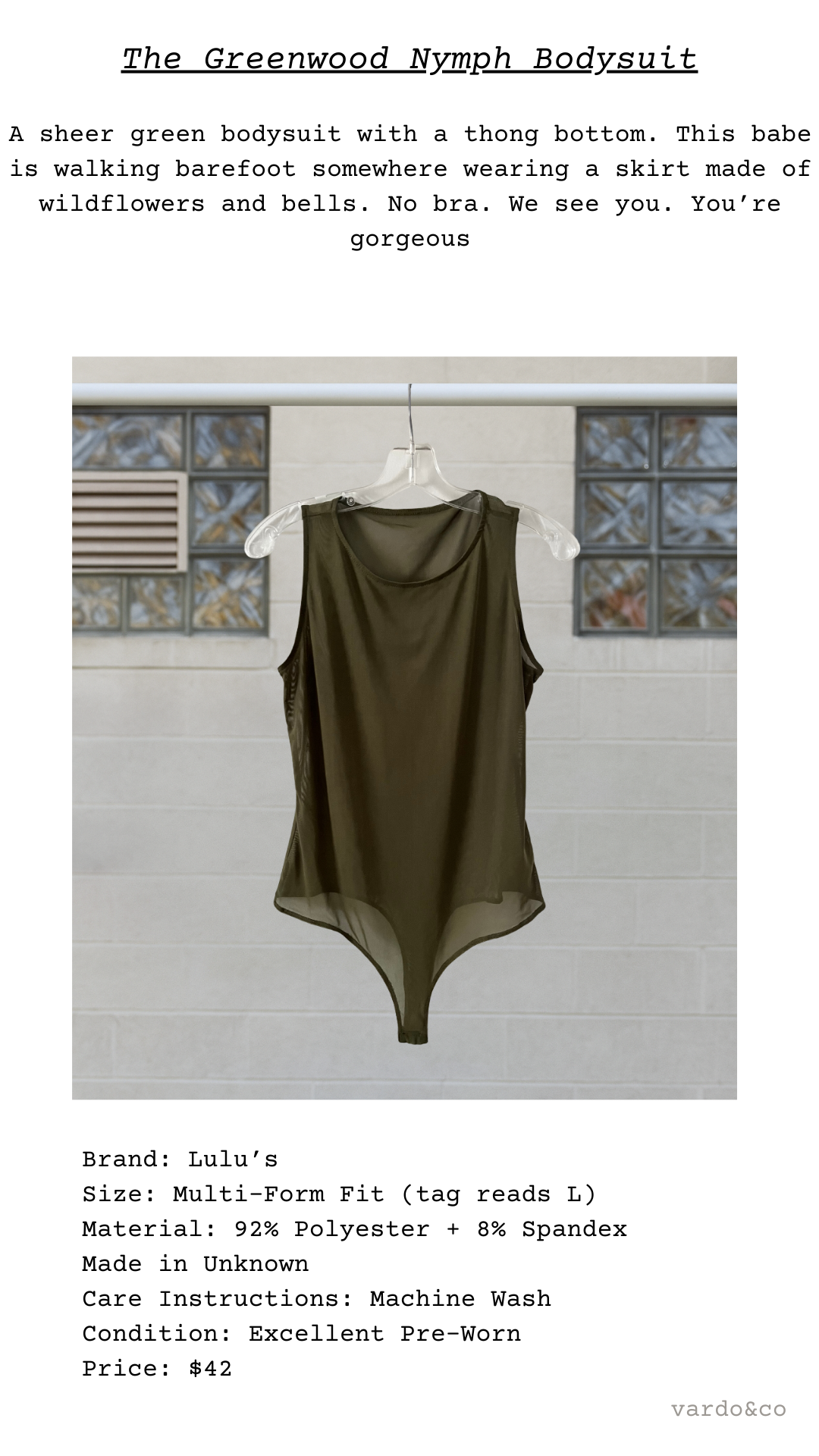 Catalog card of the Greenwood Nymph Bodysuit styled in a poetic layout

