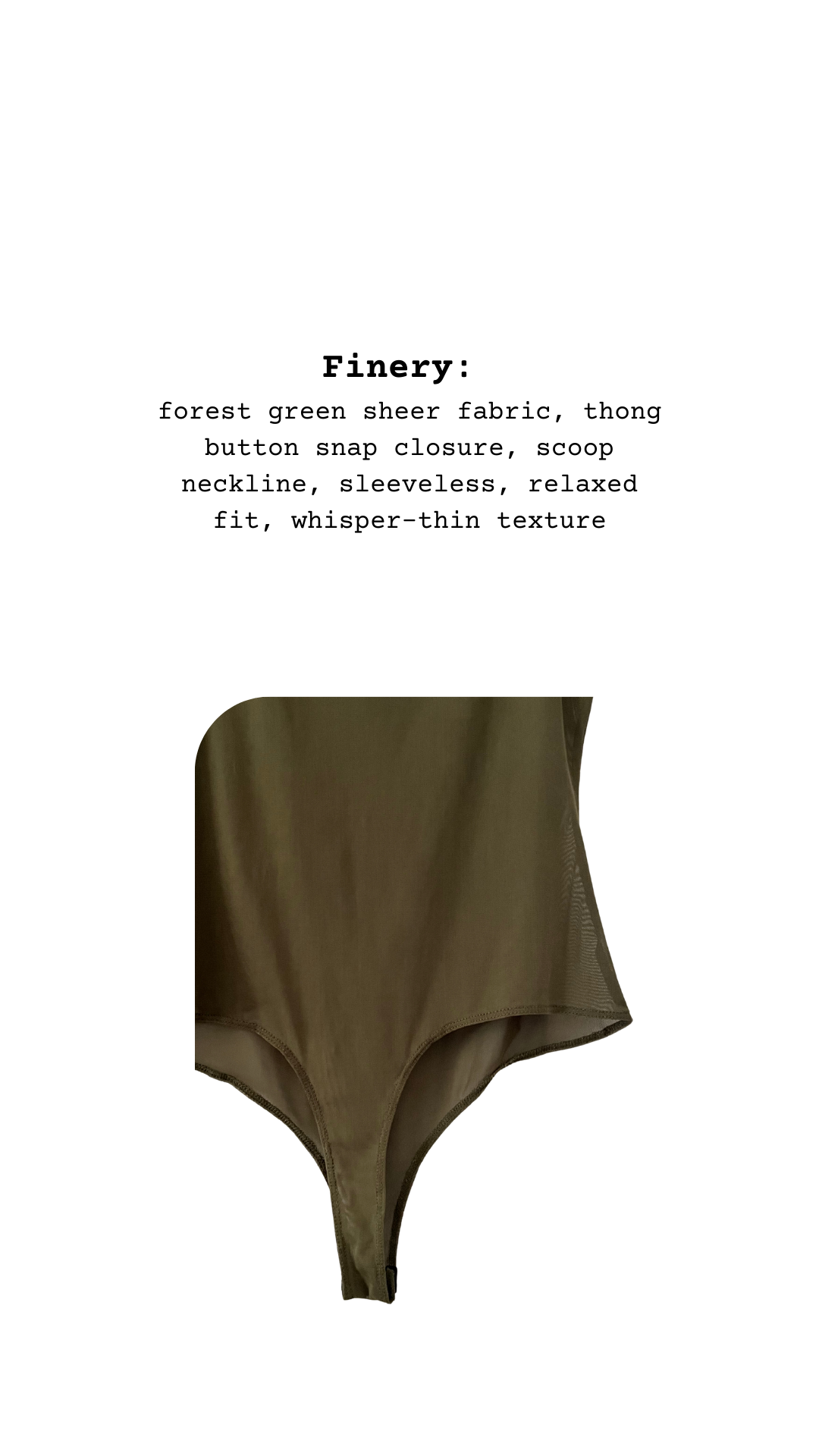 Finery card for the Greenwood Nymph Bodysuit with features listed
