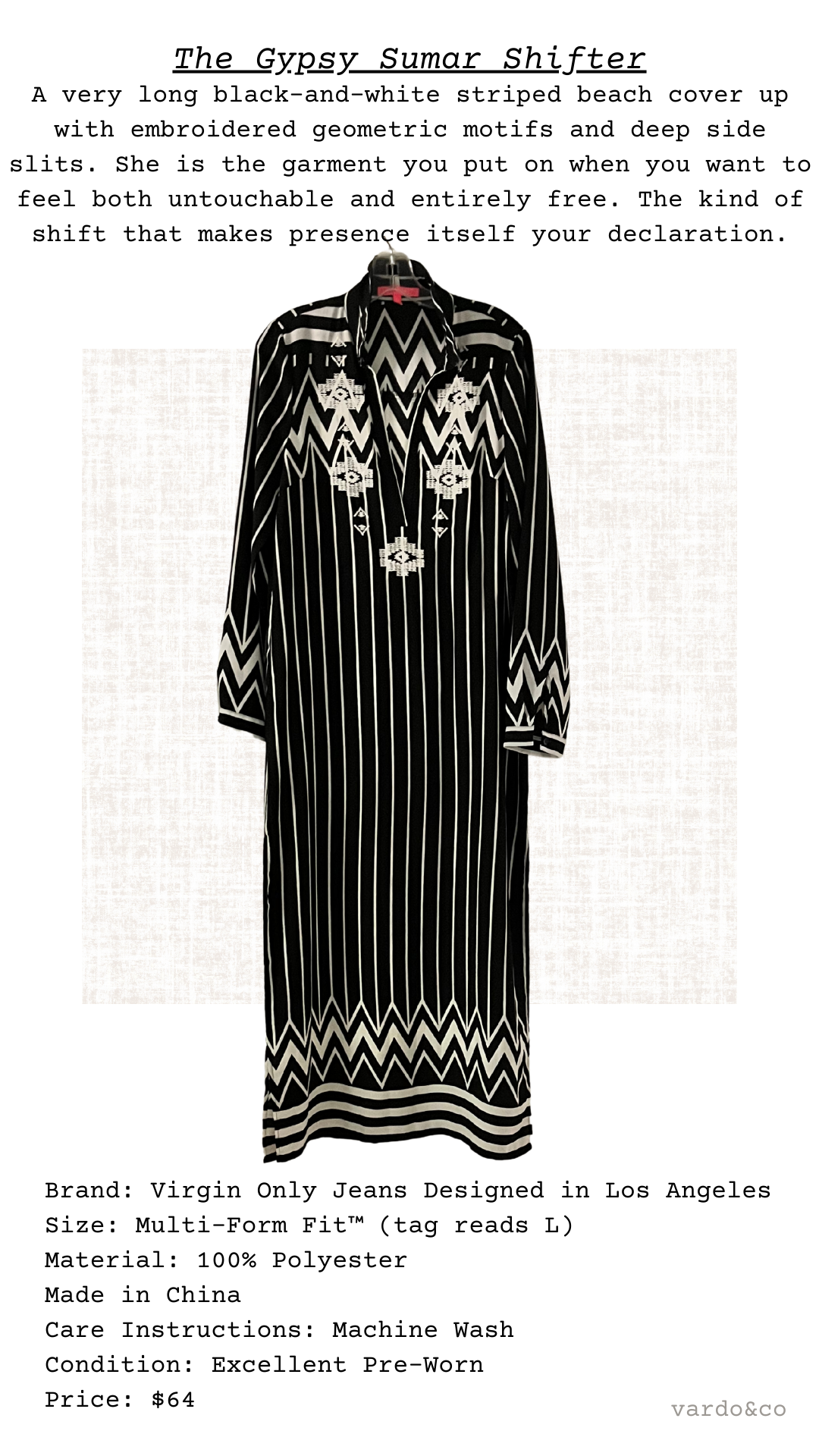 Black and white striped garment with embroidered geometric patterns on a textured background