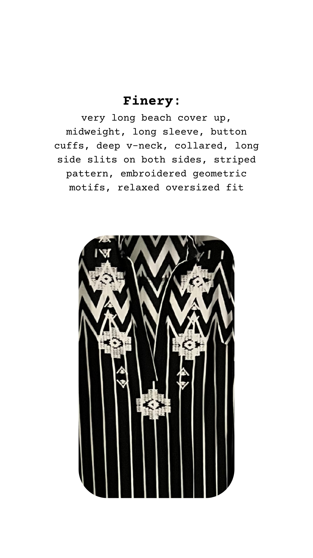 Black and white patterned garment with text describing features on a white background