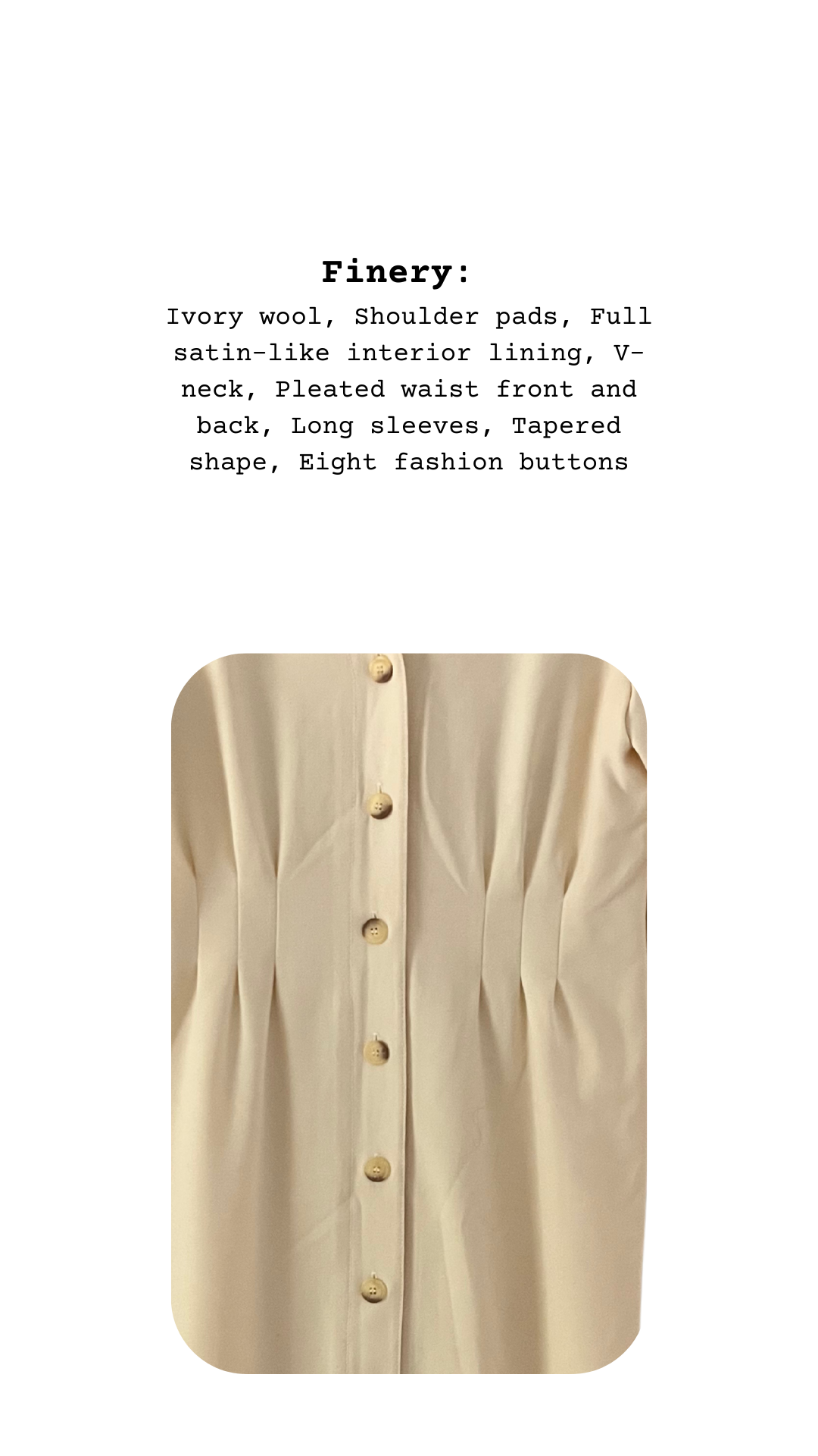 Close-up of ivory wool fabric showing satin-like lining, pleated waist detail, and gold-toned fashion buttons.
