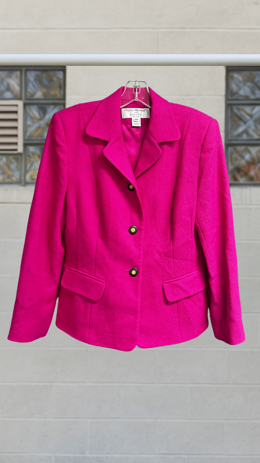 Vintage Rena Rowan for Saville Petite pink wool blazer, size 10, tailored fit with distinctive buttons. Hanging on a clear hanger in front of a neutral background.