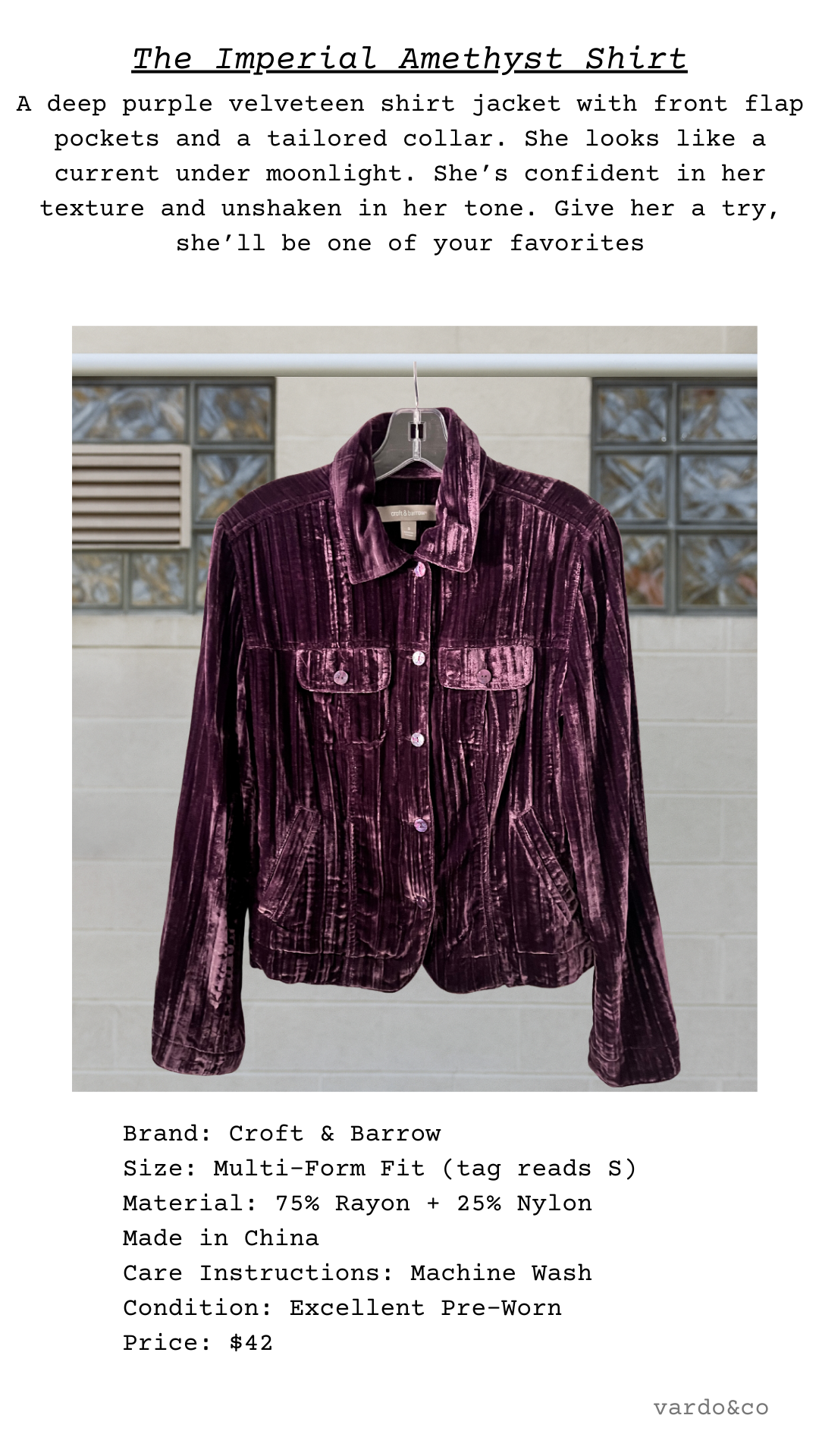 Front view of deep purple velvet-like shirt jacket with swirl-pattern buttons and flap pockets.
