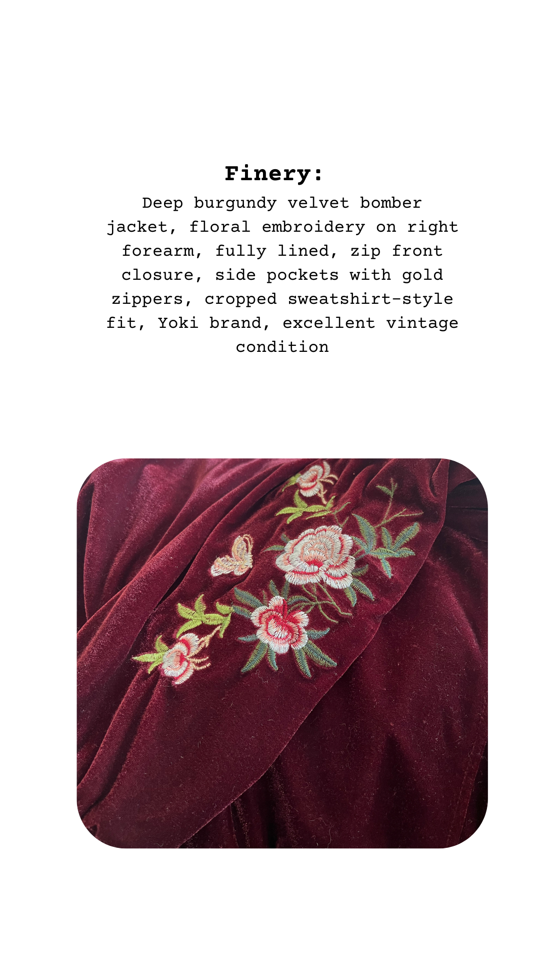 Burgundy velvet bomber jacket with floral embroidery on a white background
