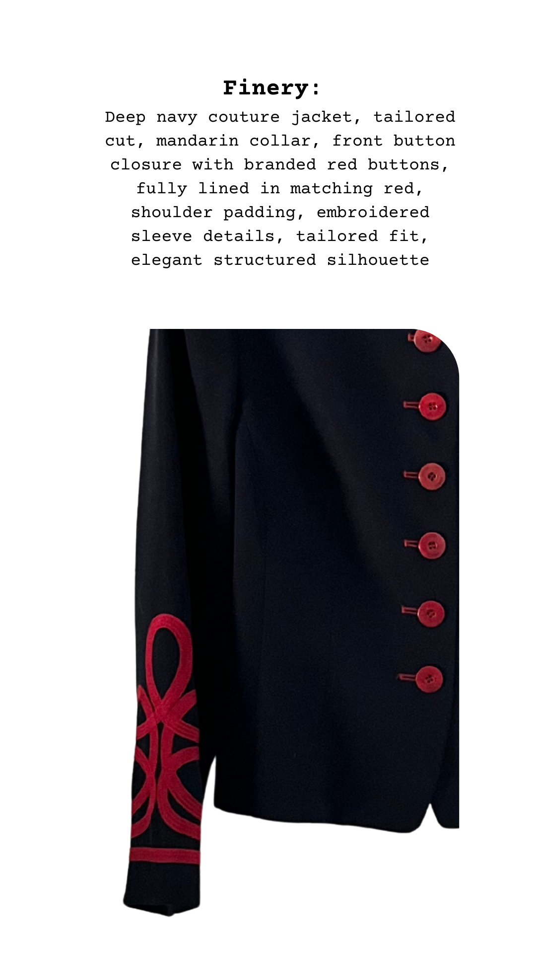 Navy jacket with red buttons and emblem on a white background