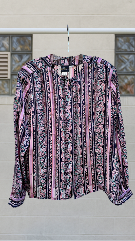 Vintage Pyke button-up blouse with vertical stripes in pink, black, and sage, featuring a tapestry-like pattern.