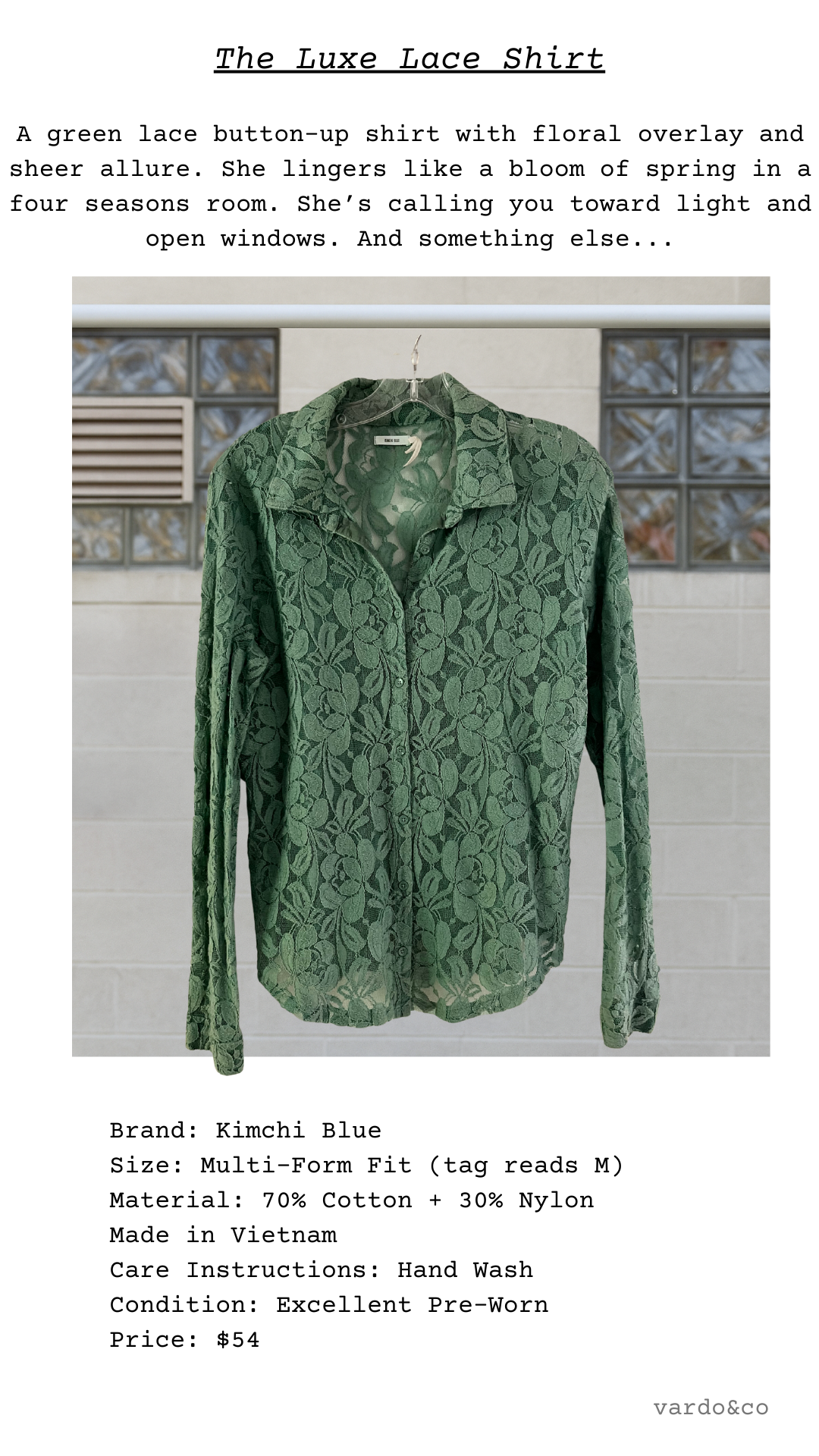 Luxe Lace Shirt shown styled, detailed floral lace and button-up front.
