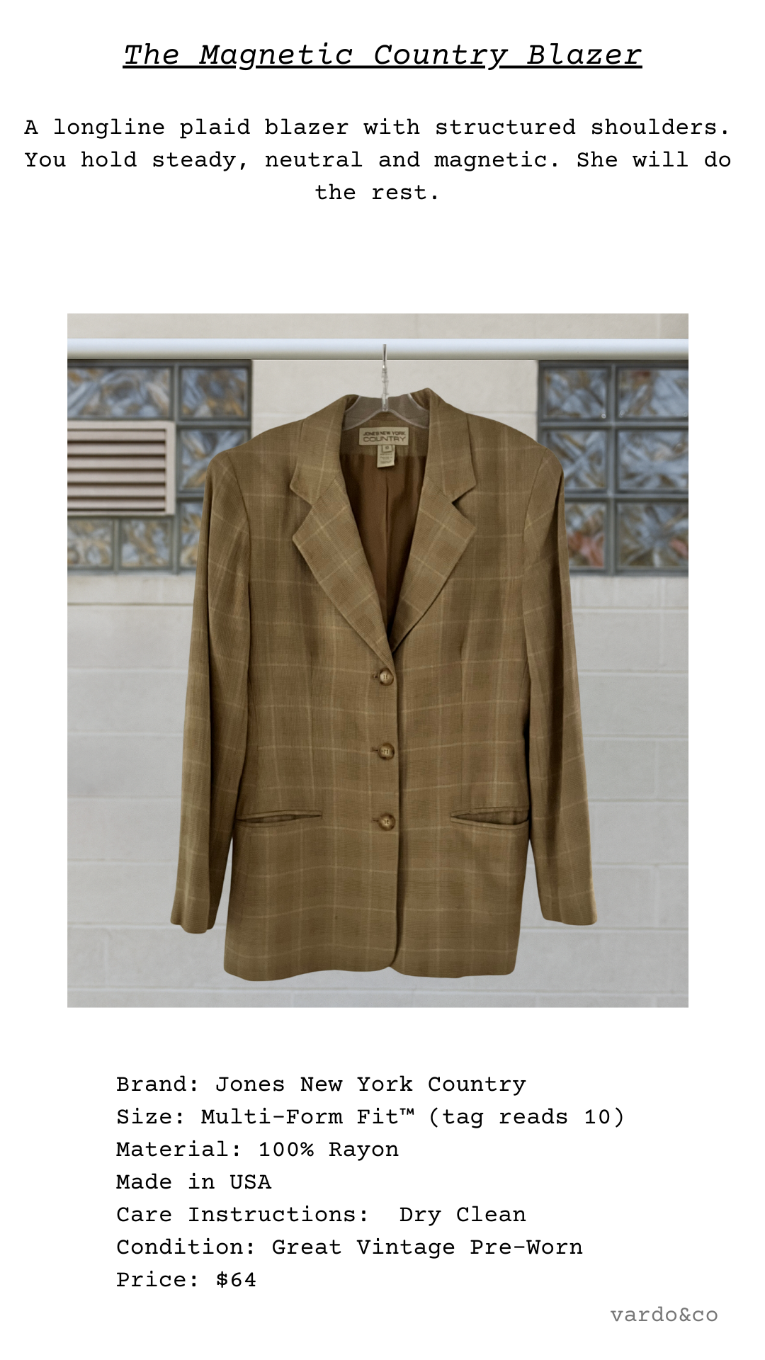 Catalog card of The Magnetic Country Blazer, camel plaid longline blazer with stitched pockets

