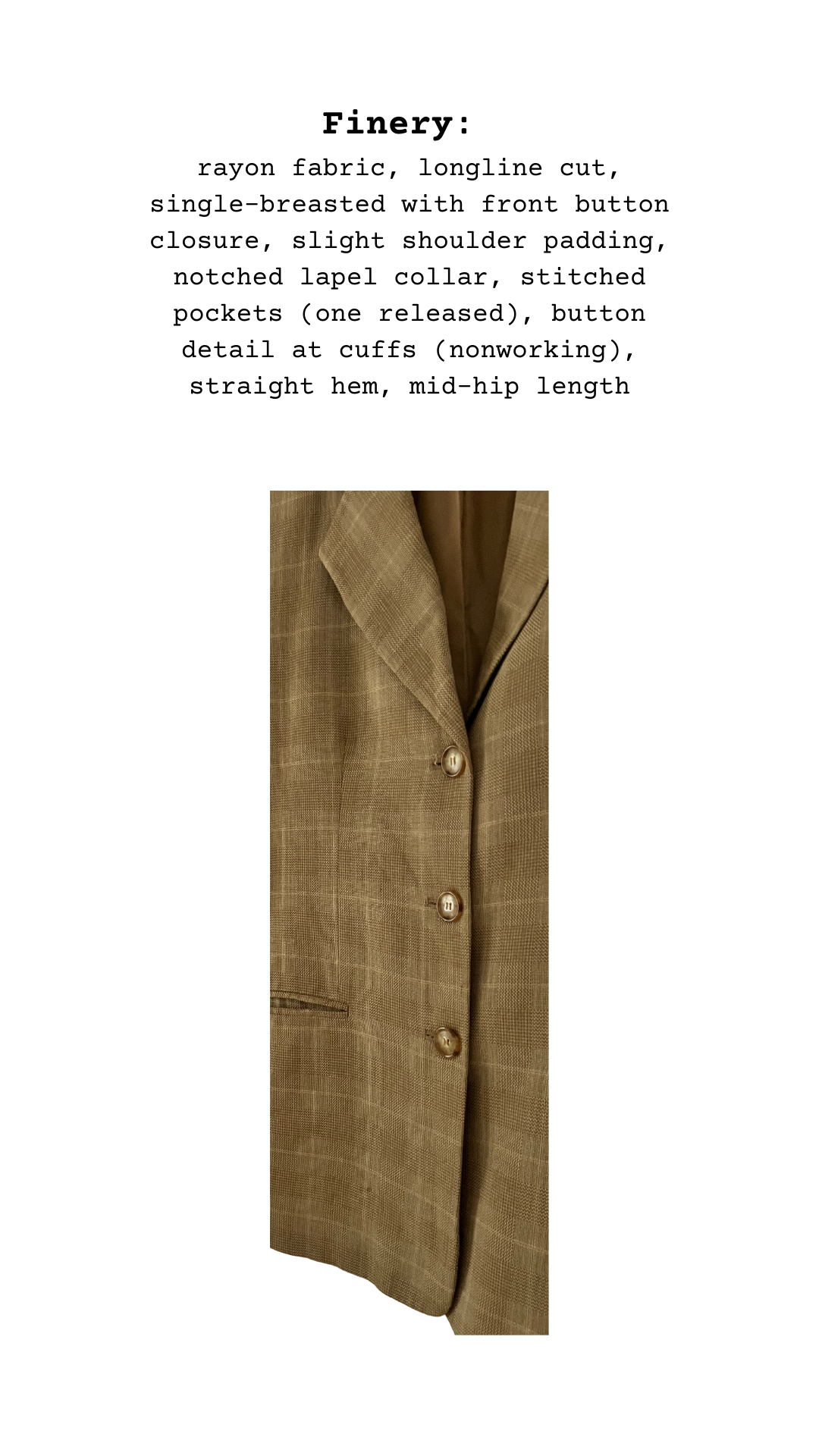 Finery close-up of The Magnetic Country Blazer, camel plaid rayon fabric with buttons and lapel detail
