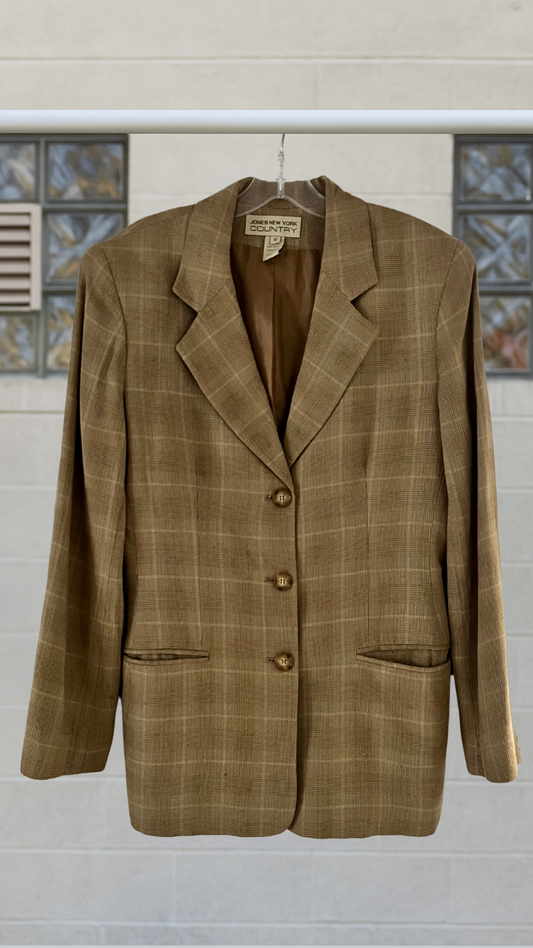 Longline camel plaid blazer with notched lapels, light shoulder padding, and single-breasted buttons
