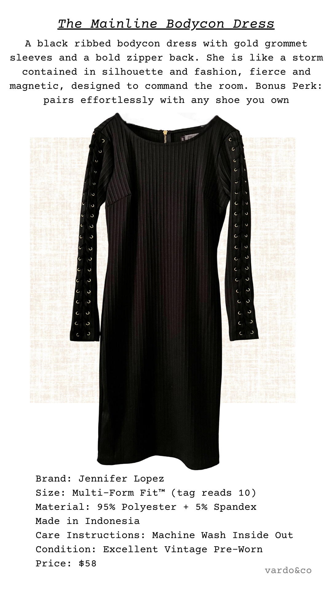Catalog card image of a black ribbed long sleeve bodycon dress with gold grommets and zipper back
