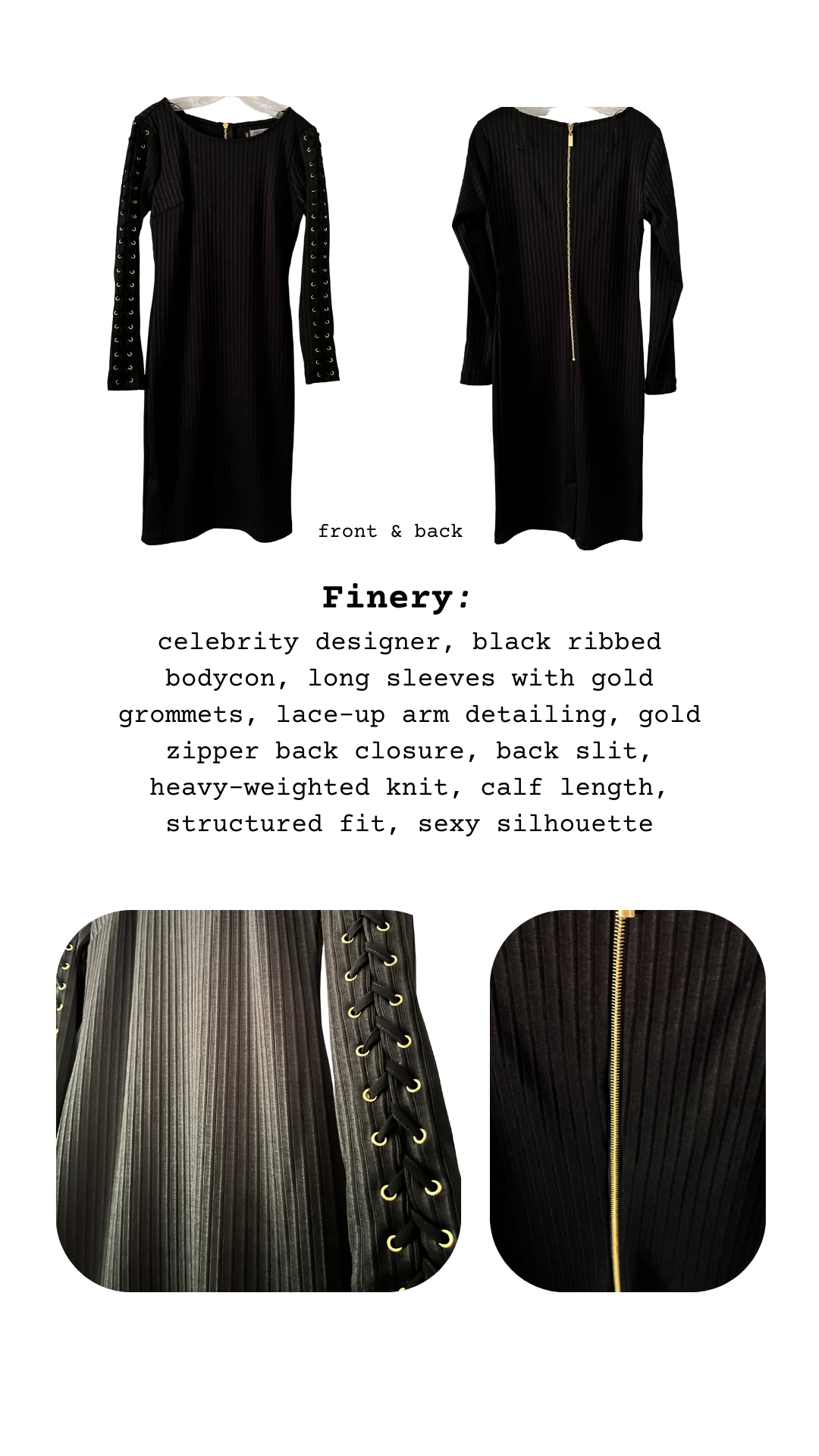 Finery card close-up of ribbed black knit fabric with gold grommet sleeve detail and zipper closure
