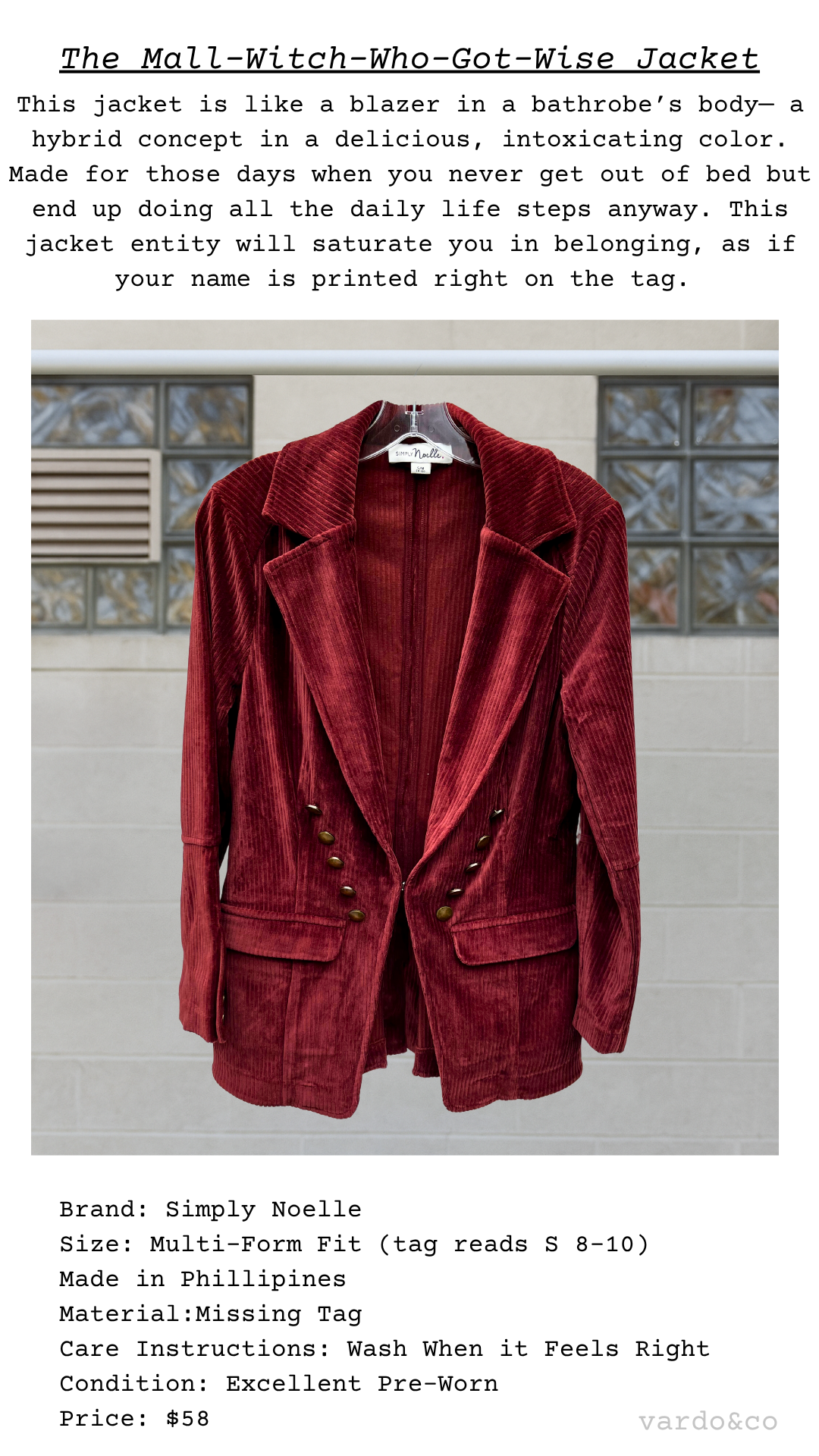 Red jacket on a hanger with product description text overlay