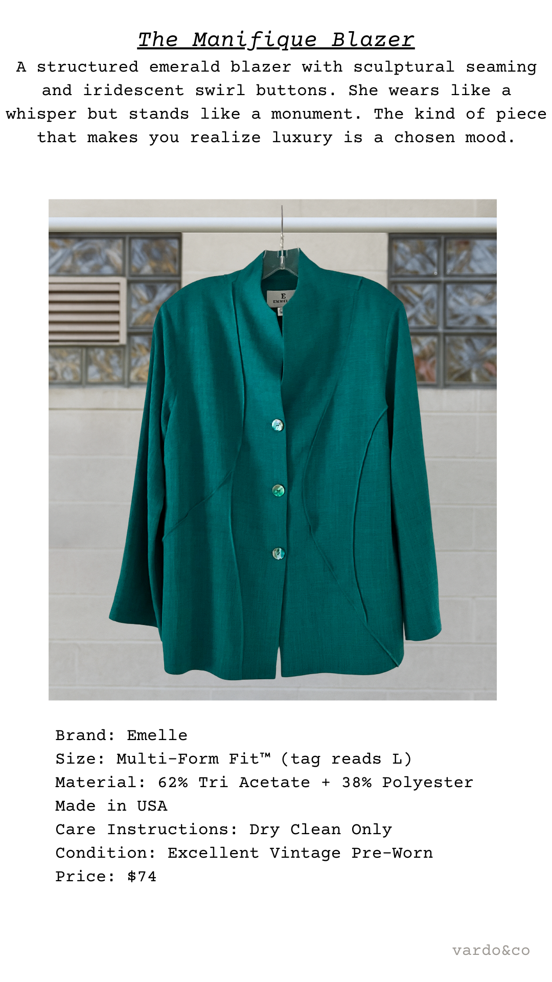 Teal blazer on a hanger with text describing the product and brand.