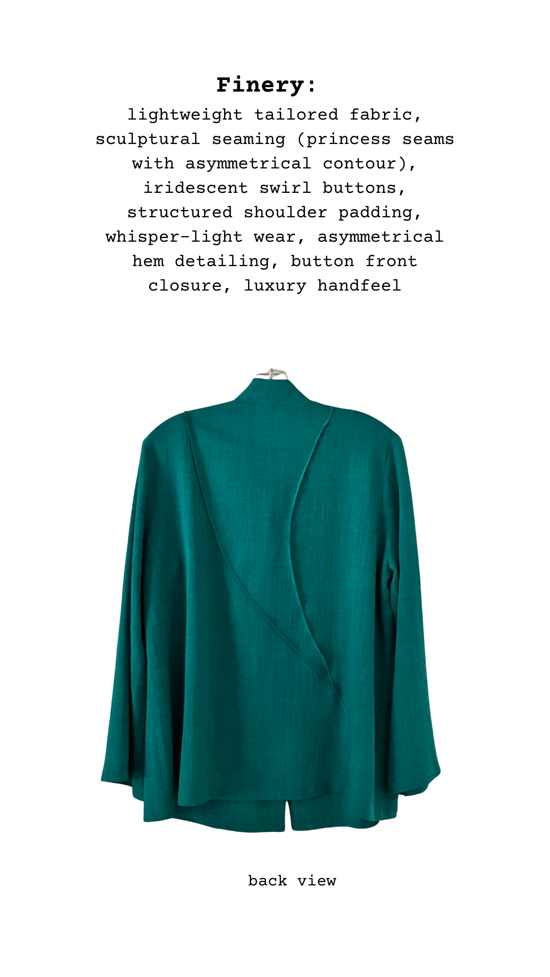 Teal jacket on a mannequin with text describing features on a white background
