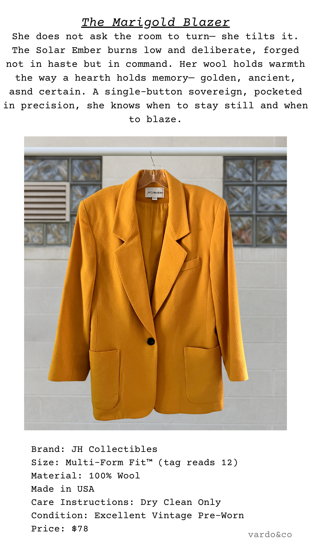 The Marigold Blazer in rich mustard wool with tailored lapels and warm golden tone