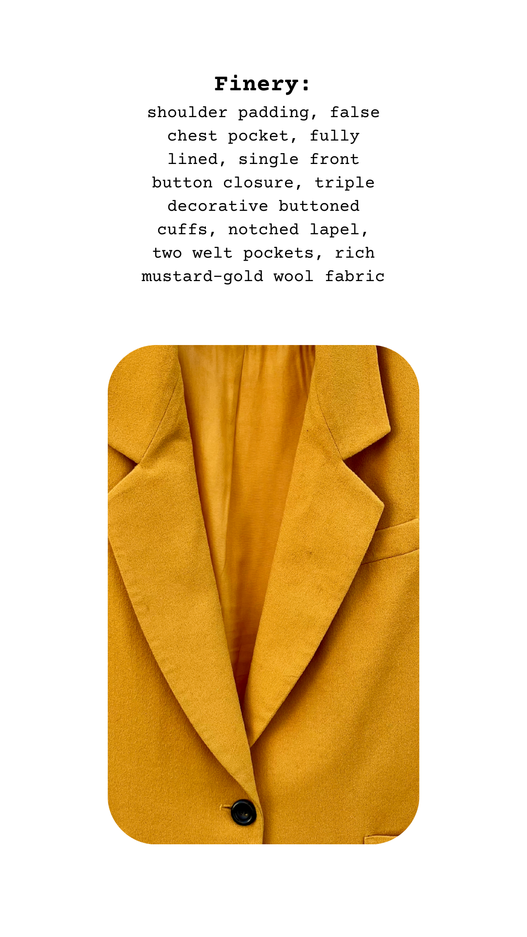Detailed view of mustard-gold wool texture and button accents on The Marigold Blazer