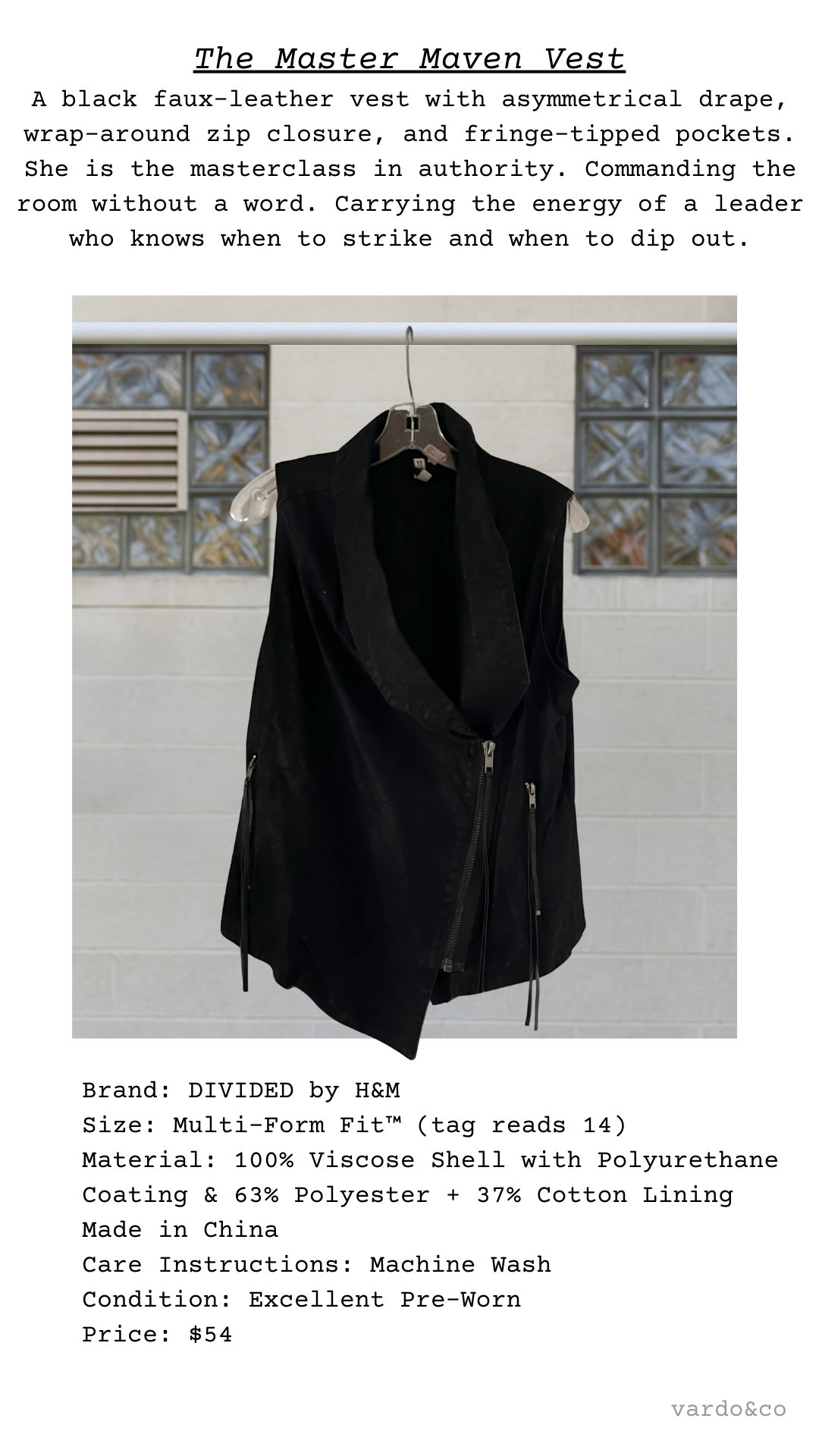 Black faux-leather vest on a hanger against a tiled wall background with product description text.