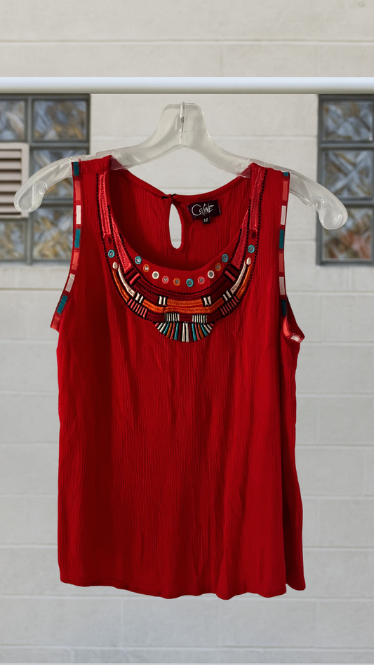 Red sleeveless rayon tank with embroidered neckline and flowy drape
