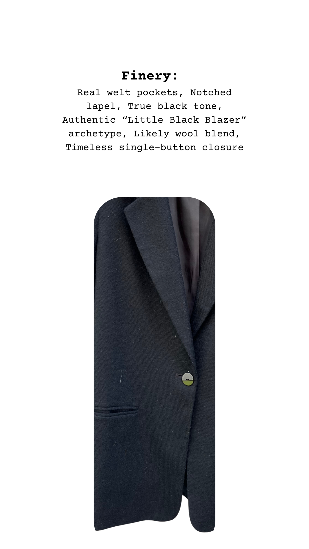 Close-up of The Midnight Counsel Blazer’s notched lapel, true black tone, and single-button closure highlighting wool-blend texture.
