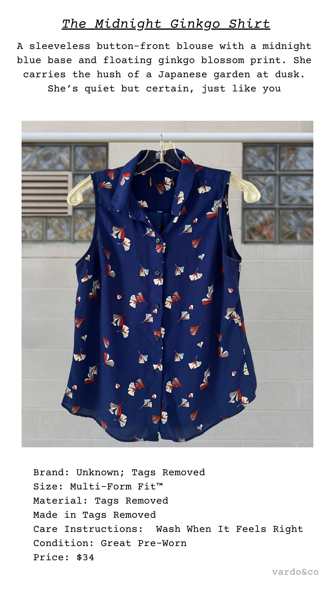 Catalog image of sleeveless dark blue blouse with ginkgo blossom print and button-front closure
