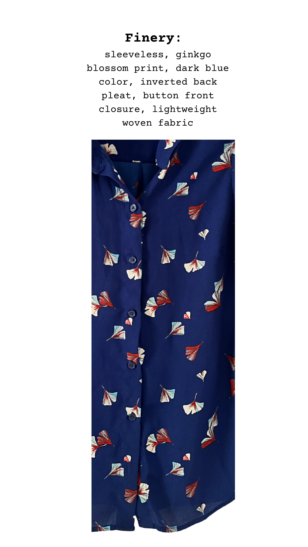 Close-up of ginkgo blossom print on dark blue sleeveless blouse with button-front

