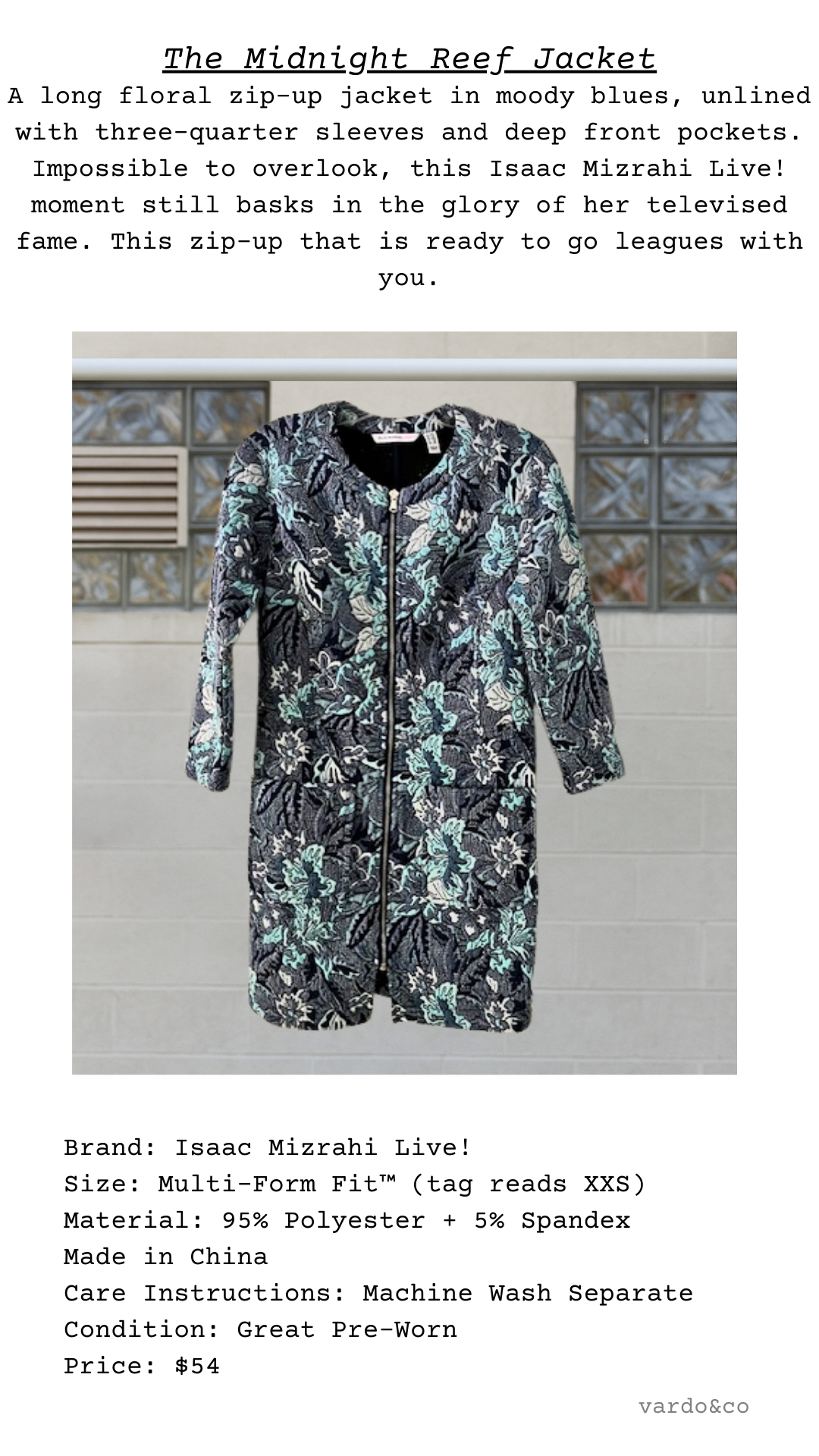 The Midnight Reef Jacket with textured floral fabric in blues and greens, three-quarter sleeves, and zip front closure.

