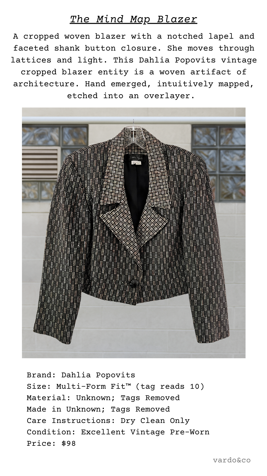 Vintage cropped blazer with text description and details