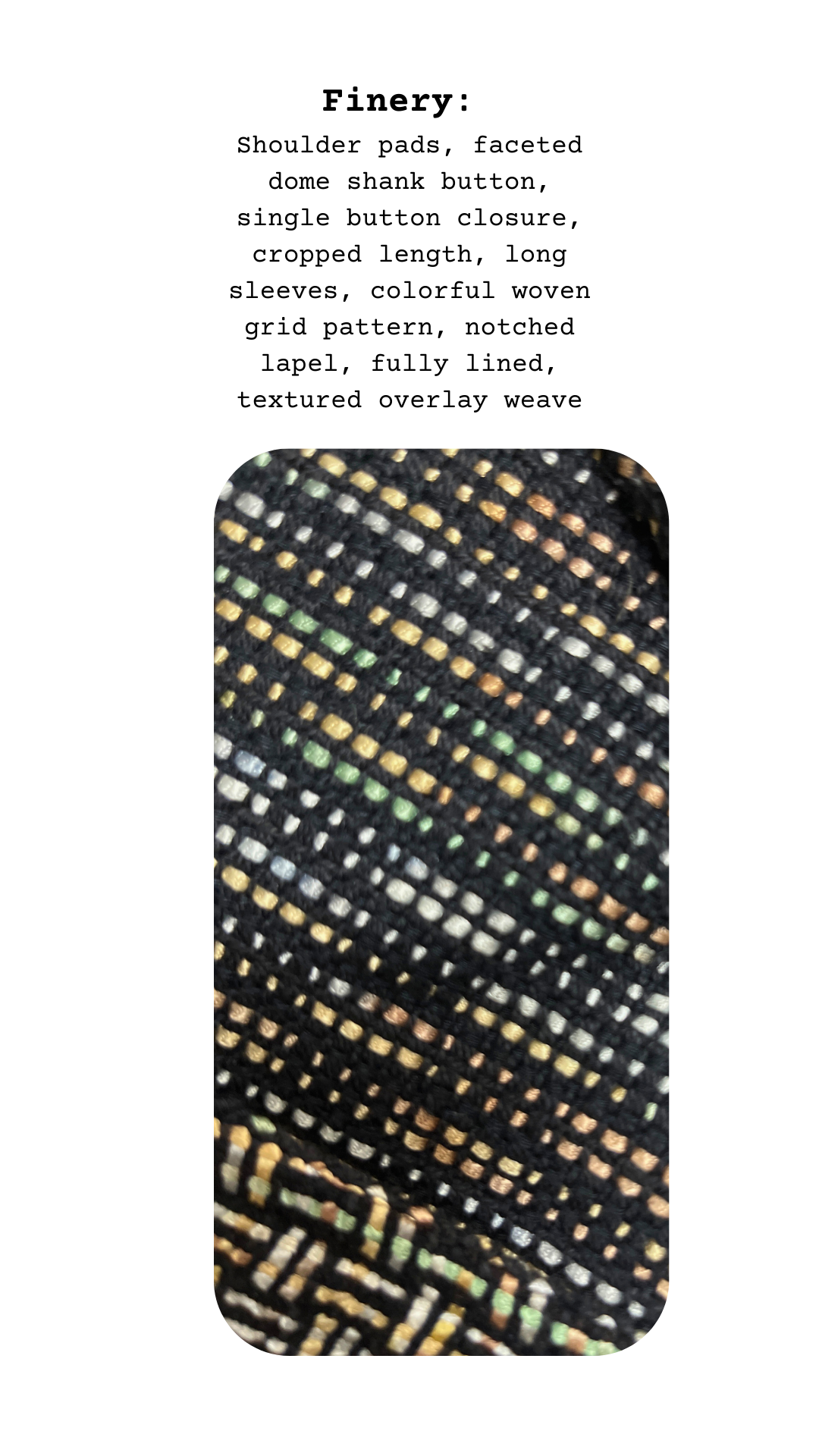 Textured fabric with a grid pattern on a white background, featuring product details.