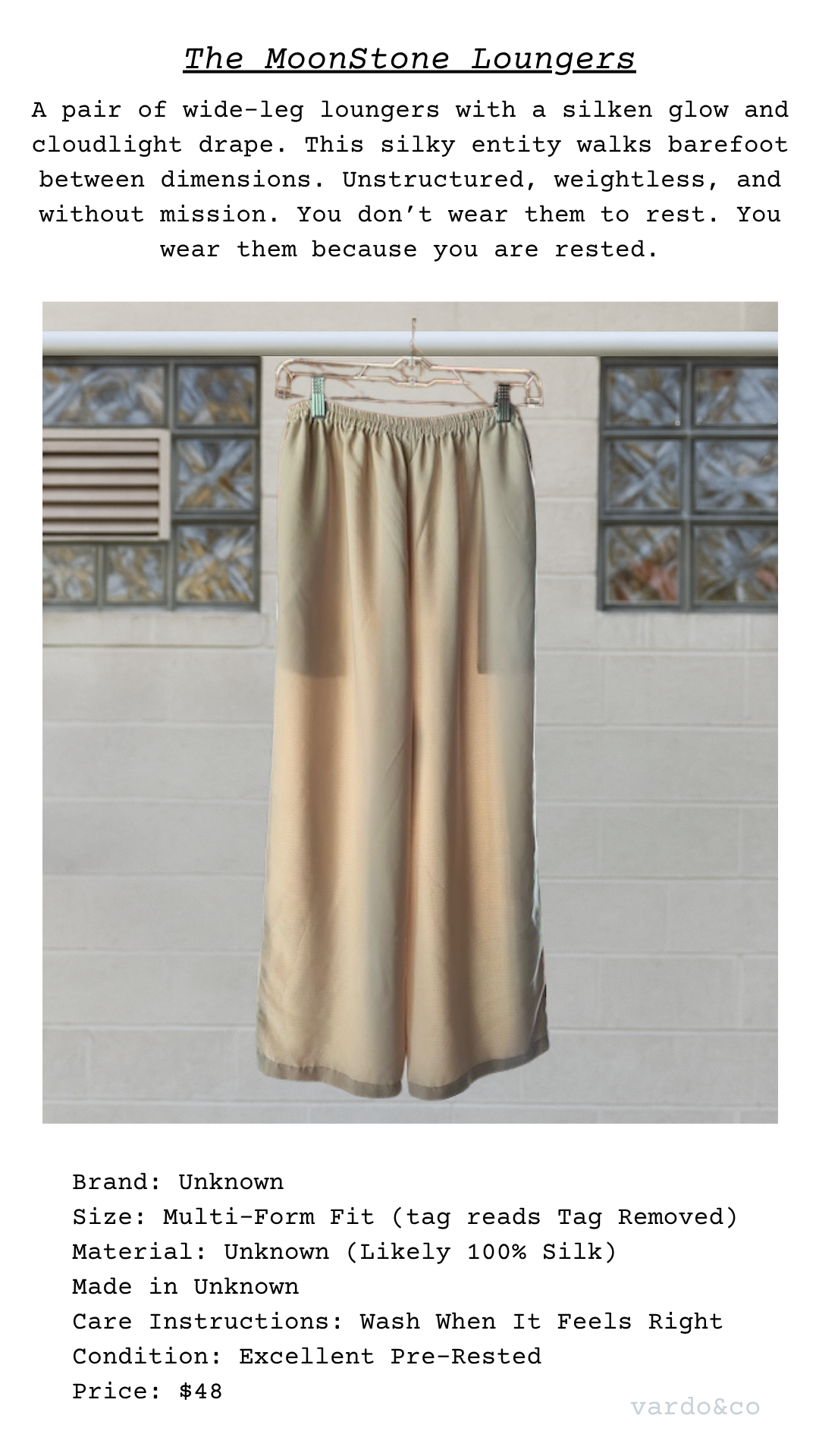 Garment card for The MoonStone Loungers featuring poetic description and full-body garment photo
