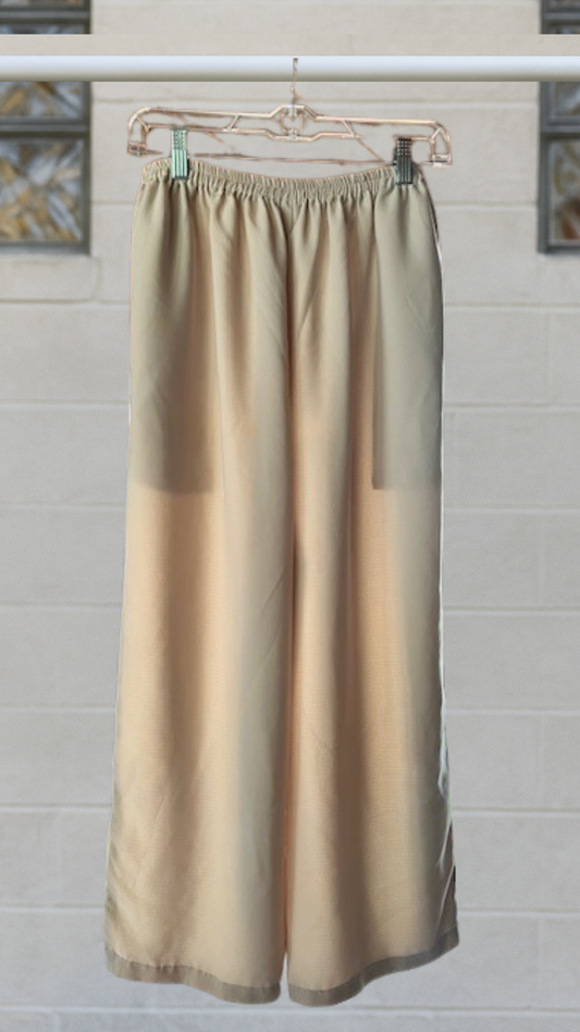 Wide-leg champagne silk loungers with elastic waistband and soft drape

