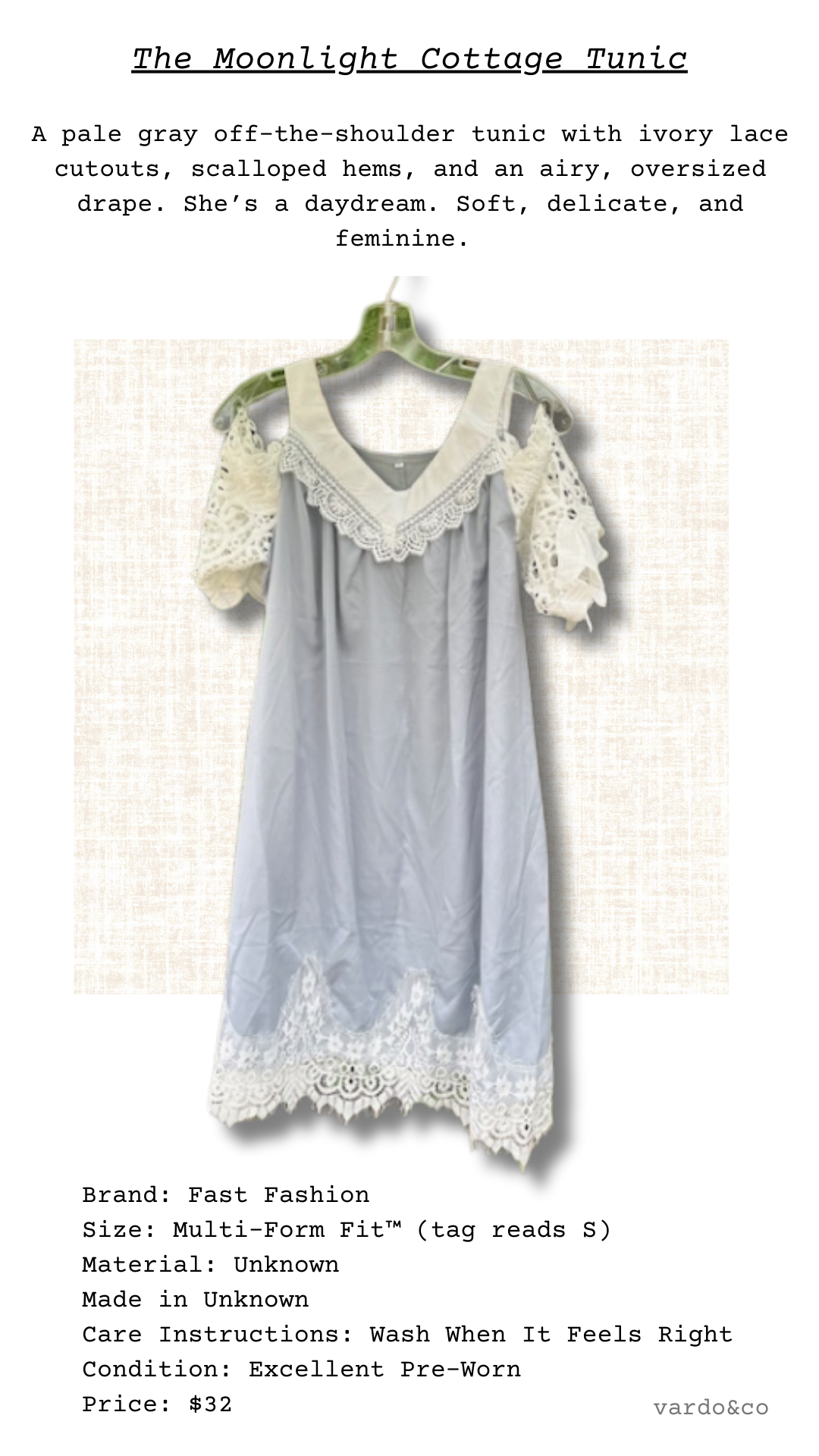 Catalog card for The Moonlight Cottage Tunic, featuring a pale gray off-the-shoulder tunic with ivory lace cutouts and scalloped hems.
