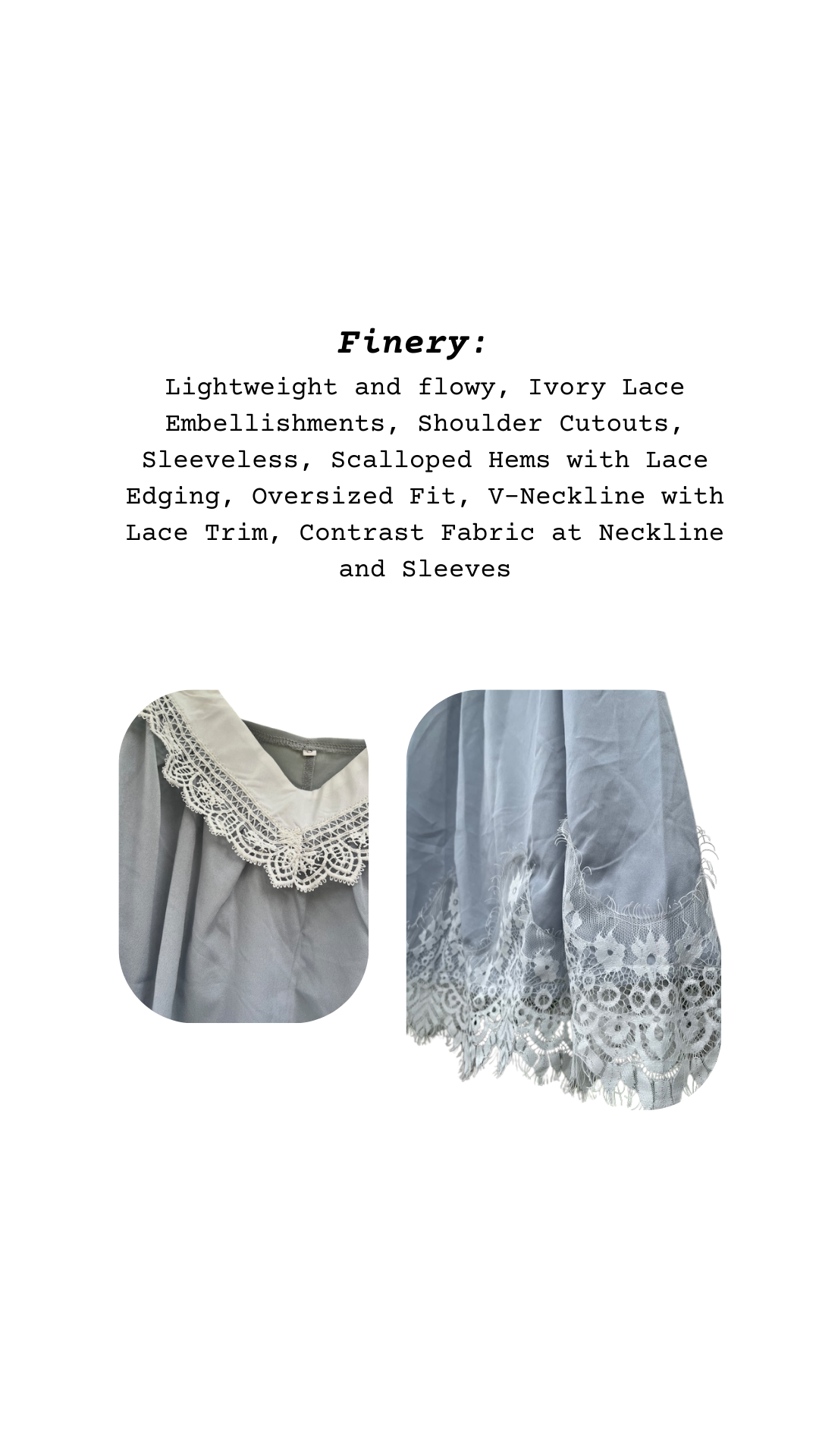 Close-up of The Moonlight Cottage Tunic’s ivory lace trim at neckline and scalloped lace hem.
