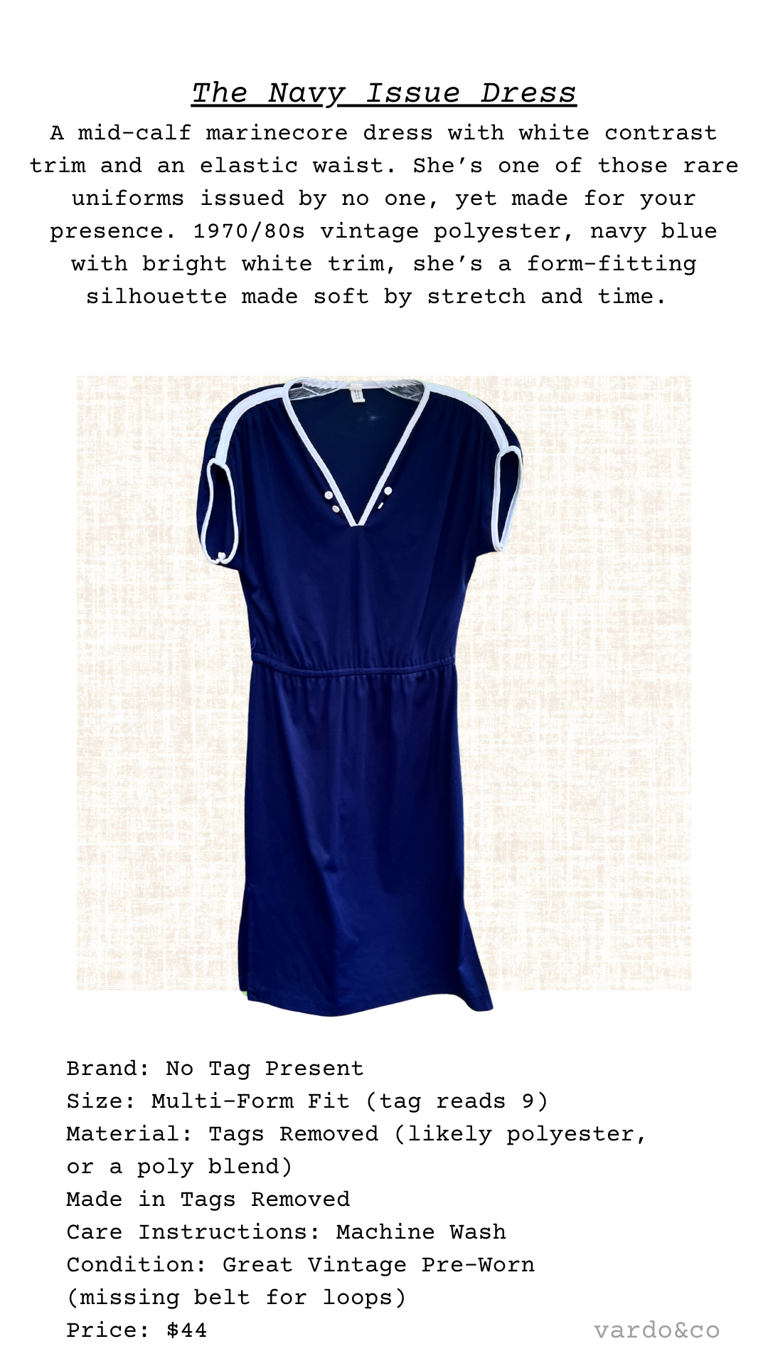 Text card describing The Navy Issue Dress as a marinecore silhouette in stretch polyester with white contrast trim and a 1980s form-fit.