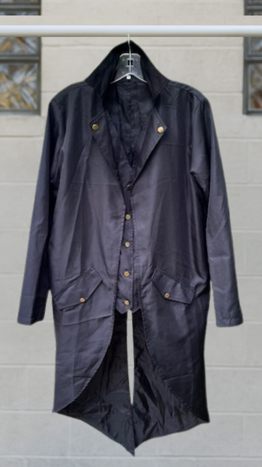 Black asymmetrical tailcoat with extended back panels, gold-tone buttons, structured collar, and front flap pockets.
